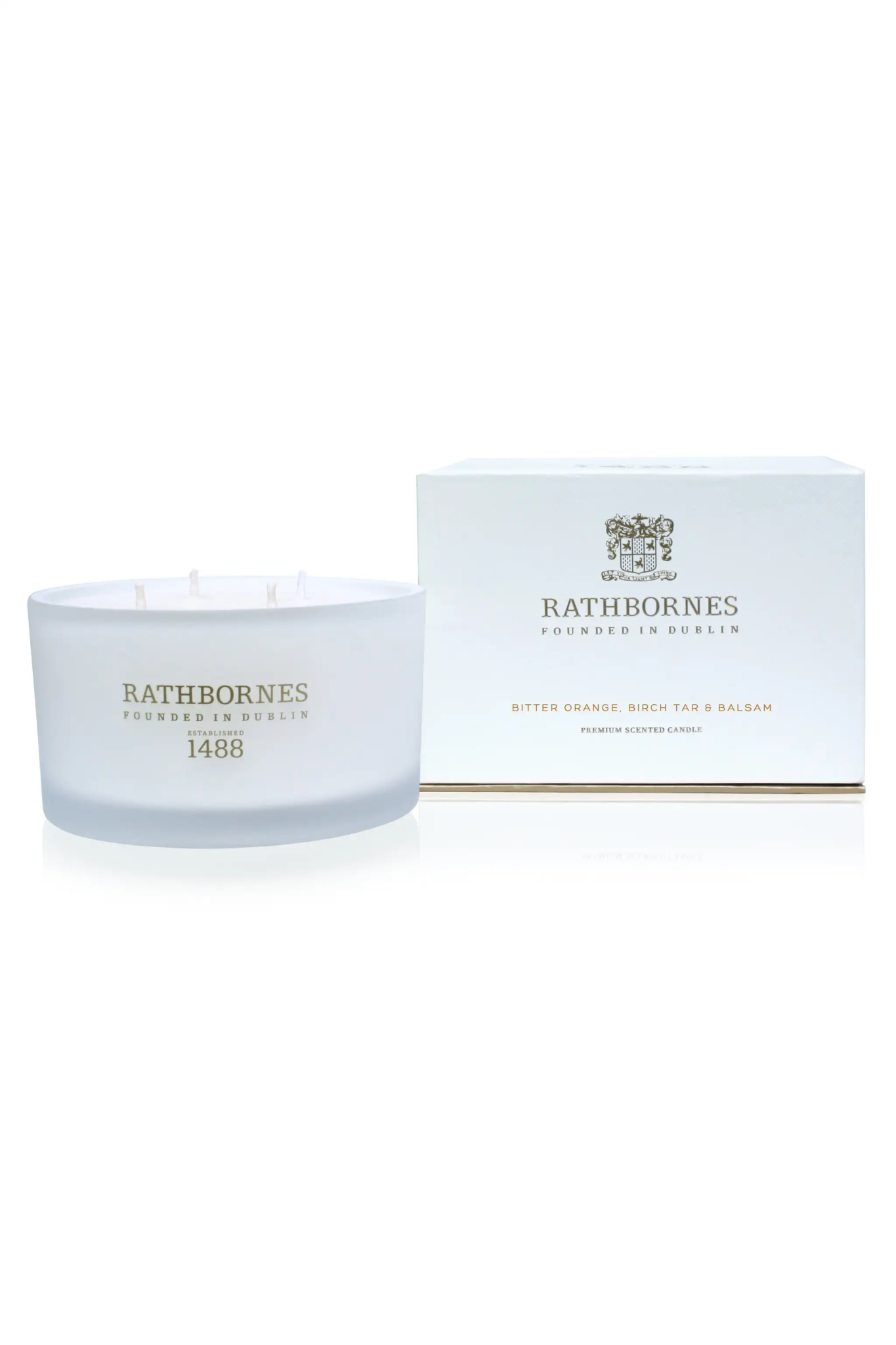 Bitter Orange, Birch Tar and Balsam Luxury Beeswax Candle and box on a white background