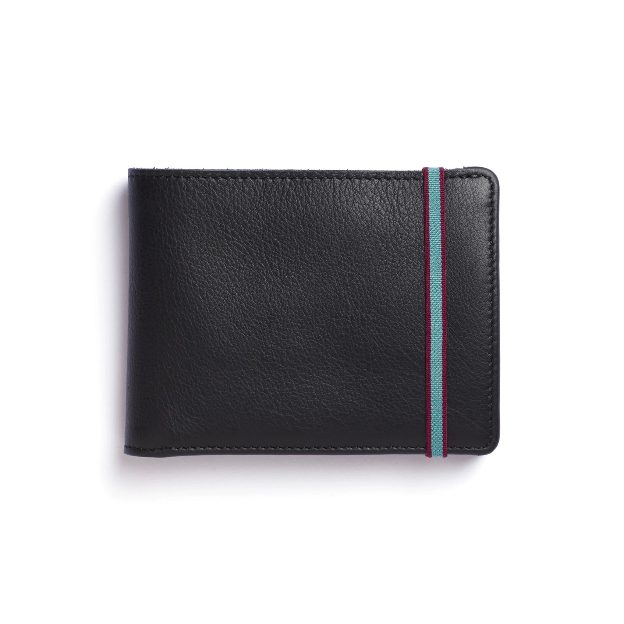 Front view Black Minimalist Wallet with Coin Pocket with light blue and burgundy trim elastic closure