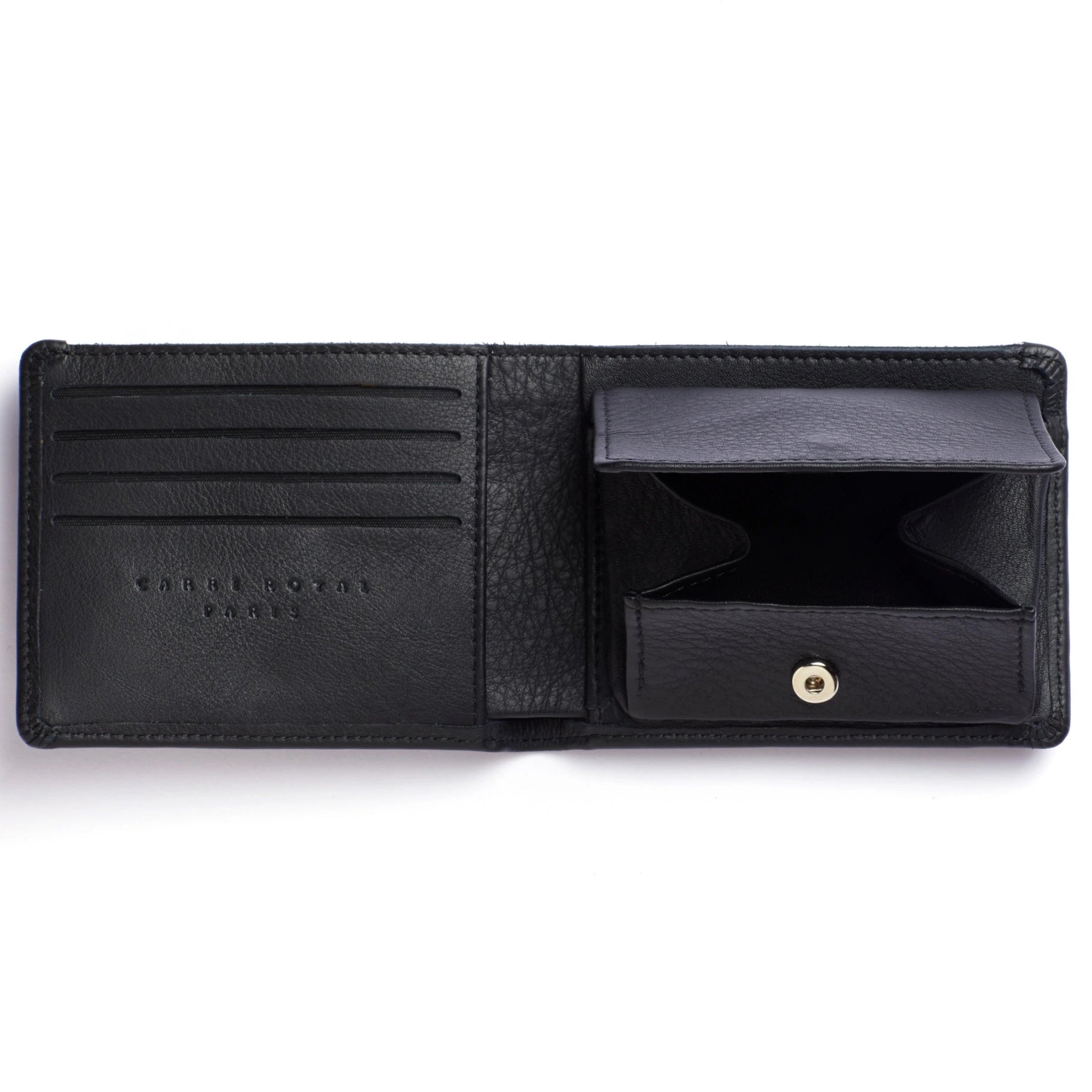 Interior view Black Minimalist Wallet with Coin Pocket showing four card slots, snap closure coin pocket