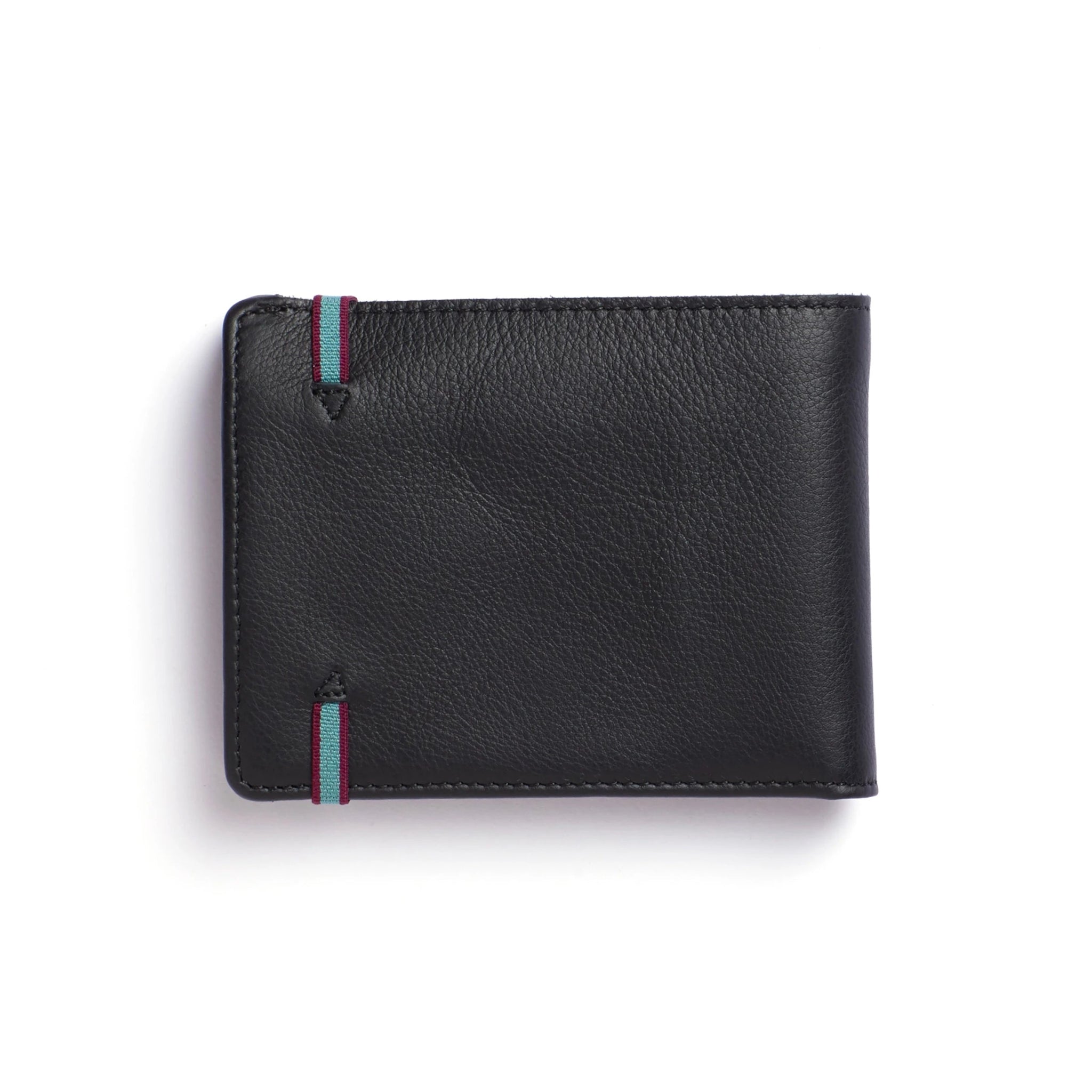 Back view Black Minimalist Wallet with Coin Pocket with light blue and burgundy trim elastic closure