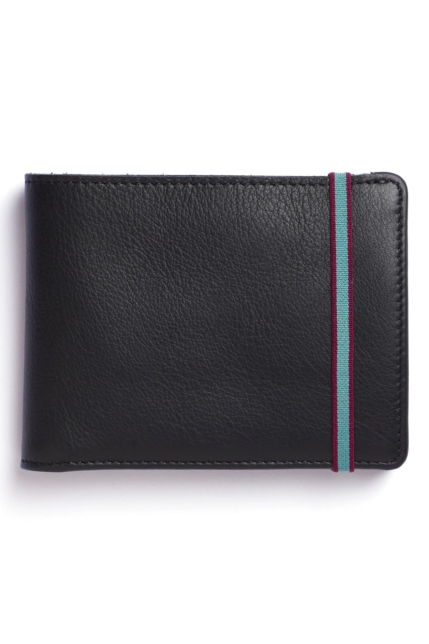 Front view Black Minimalist Wallet with Coin Pocket with light blue and burgundy trim elastic closure