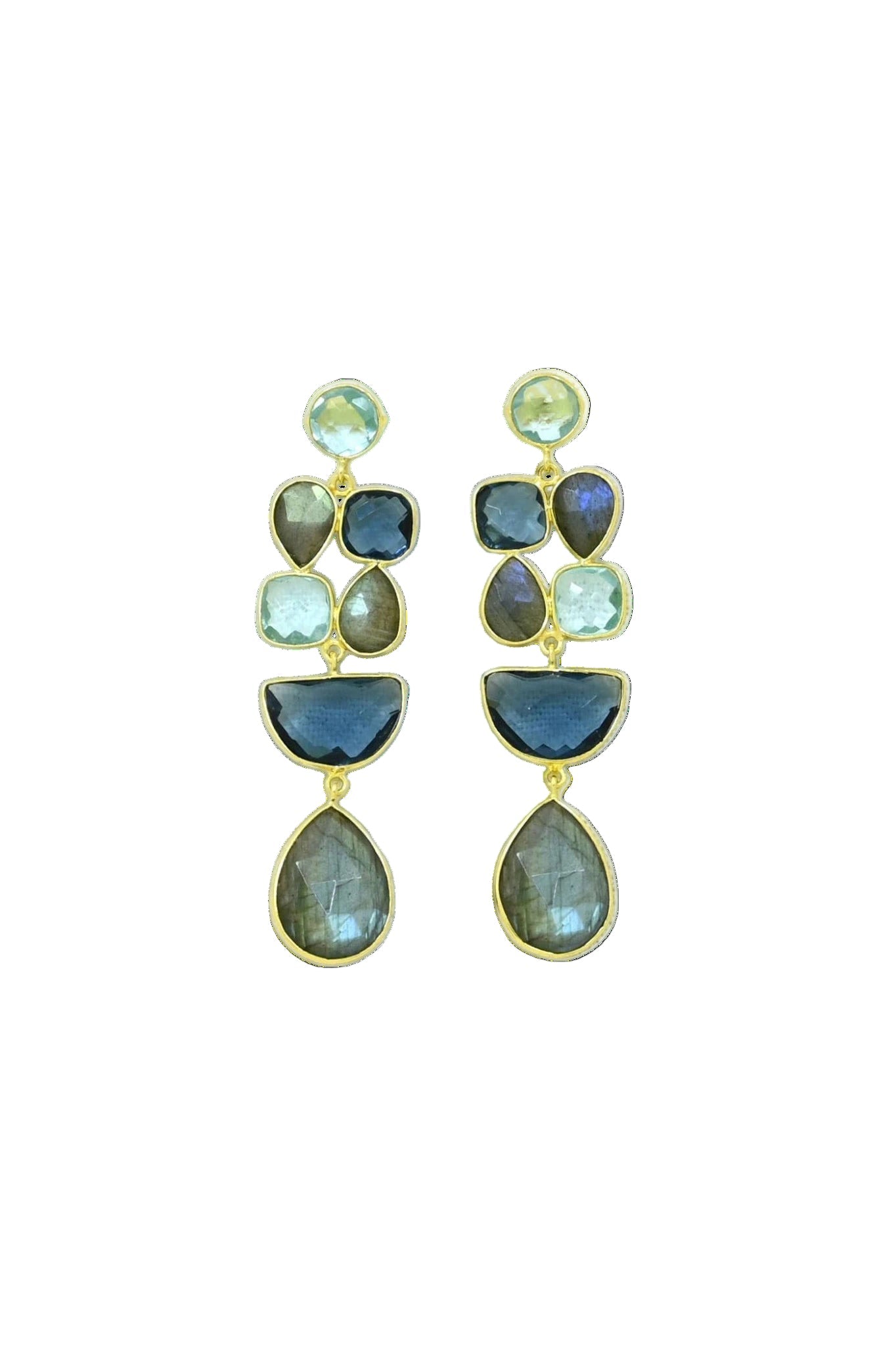 Pair of earrings with blue and green gemstones on a white background