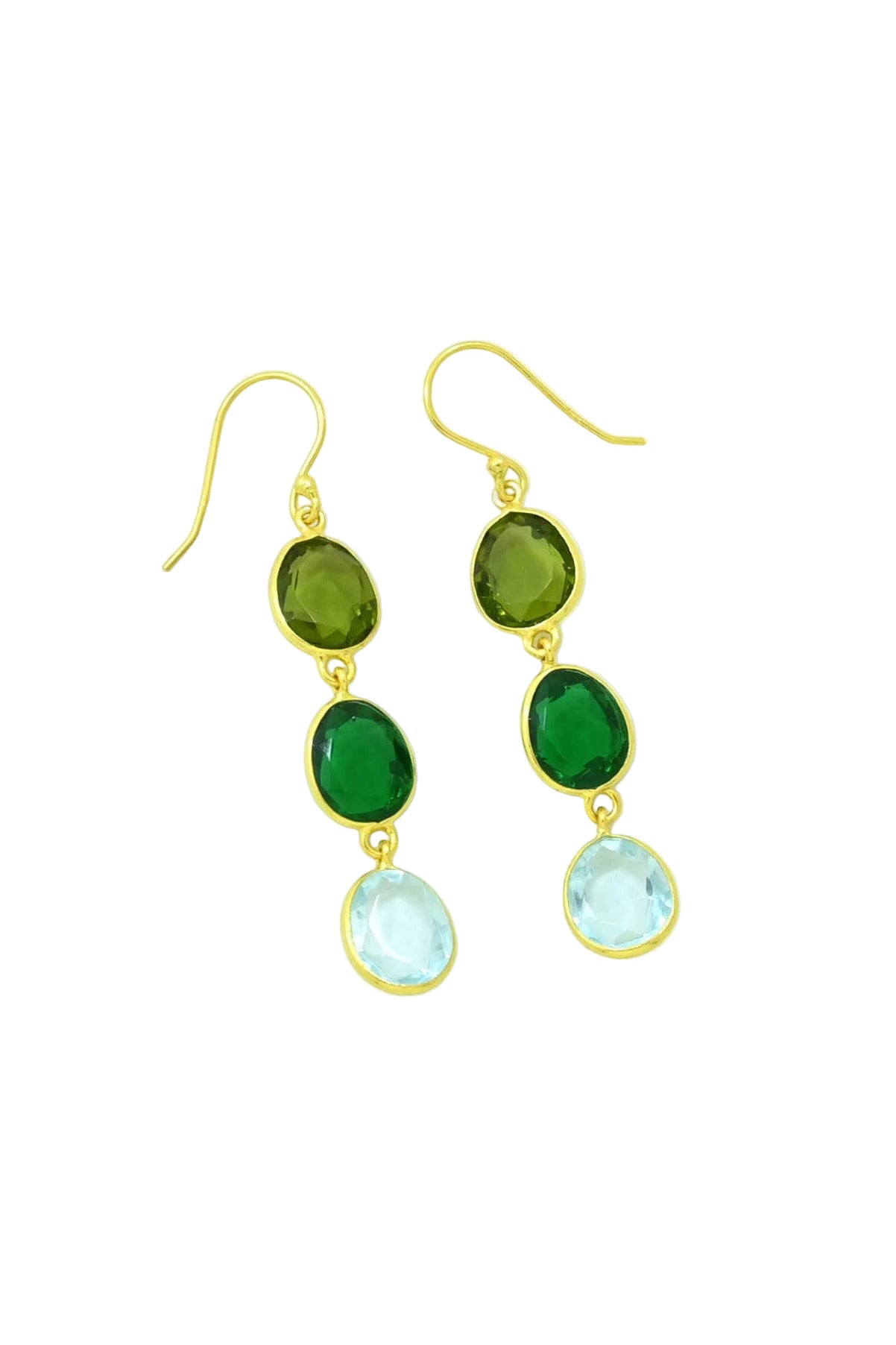 Angled view Gold-plated hook drop earrings featuring  blue topaz and green tourmaline gemstones 