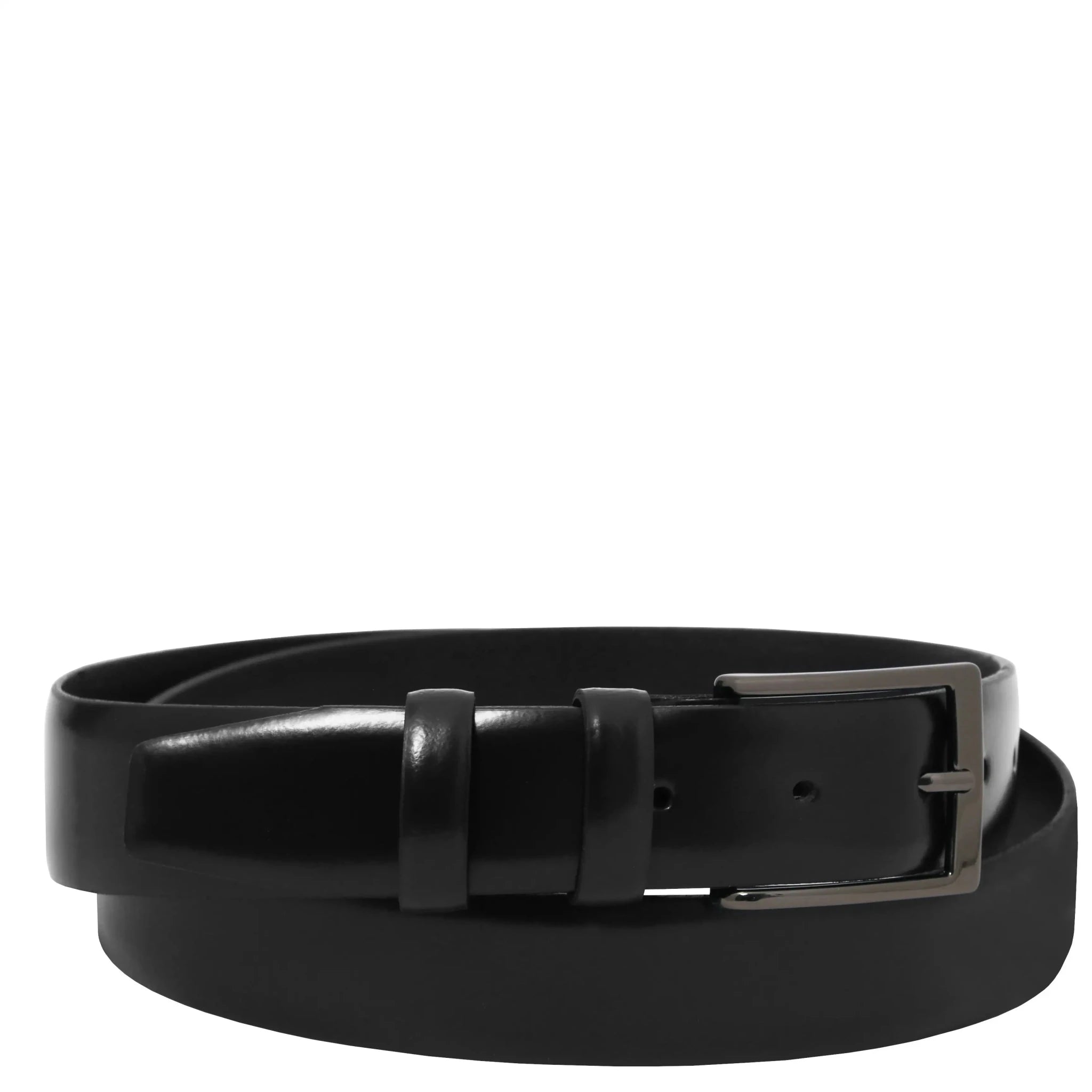 Black belt with a brushed gun metal buckle on a white background