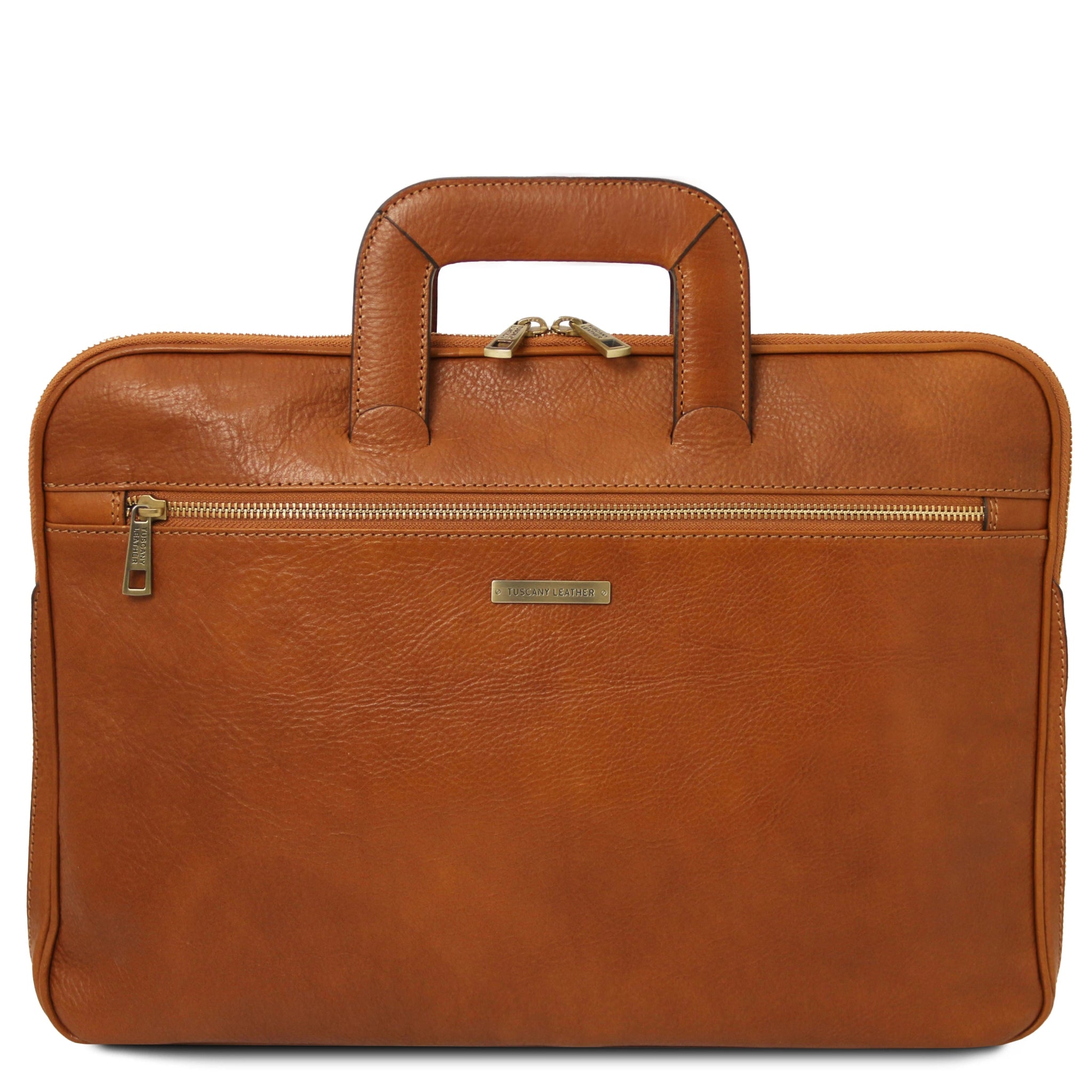 Front view Caserta Document Italian Matte Leather Briefcase in natural showing squared angle handle, large exterior zippered pocket, brushed brass-tone hardware
