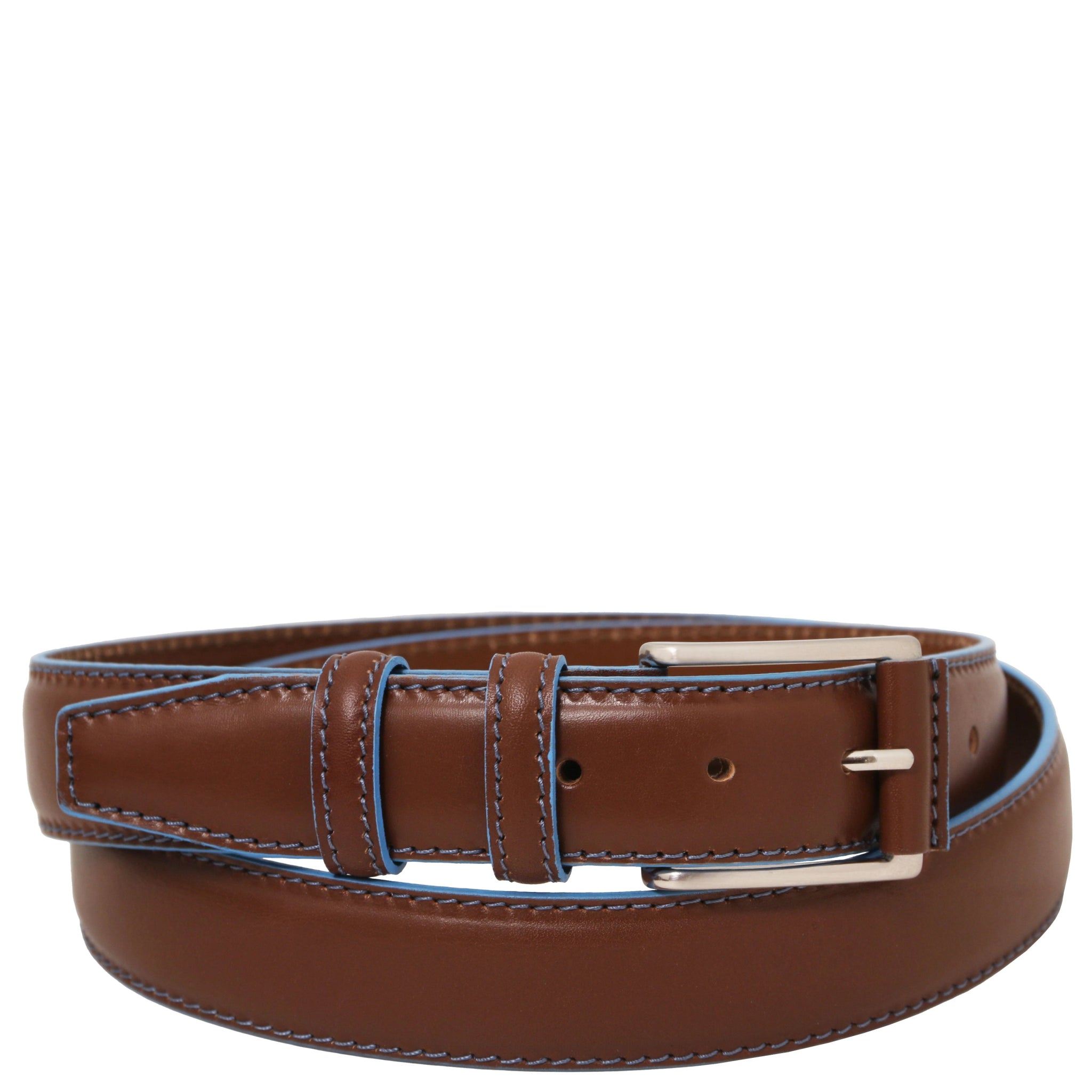 Brown leather belt with a silver buckle on a white background