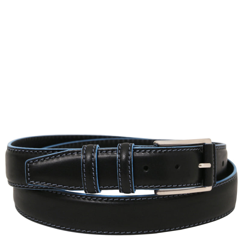 Black leather belt with blue stitching on a white background