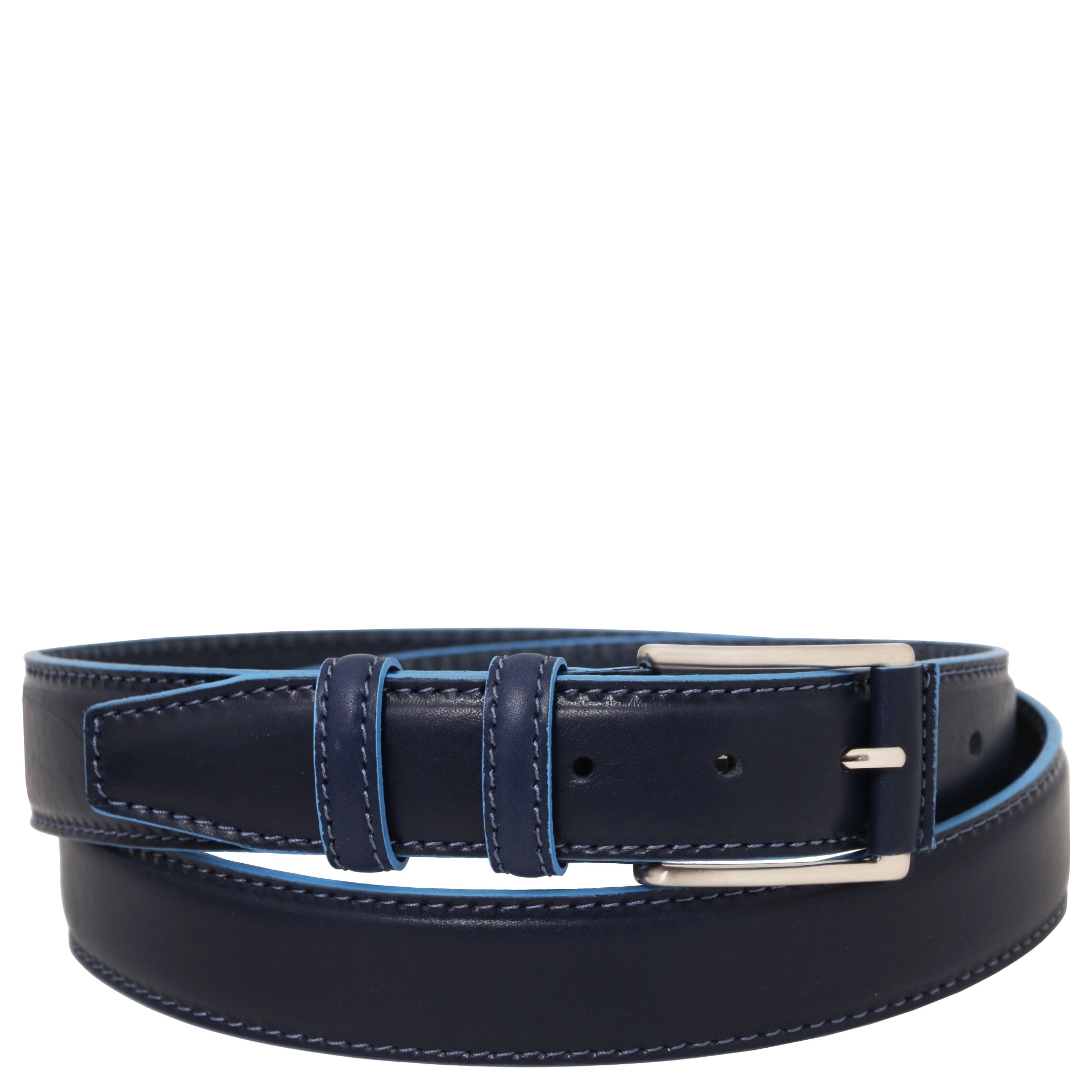 Dark Blue leather belt with a silver buckle on a white background