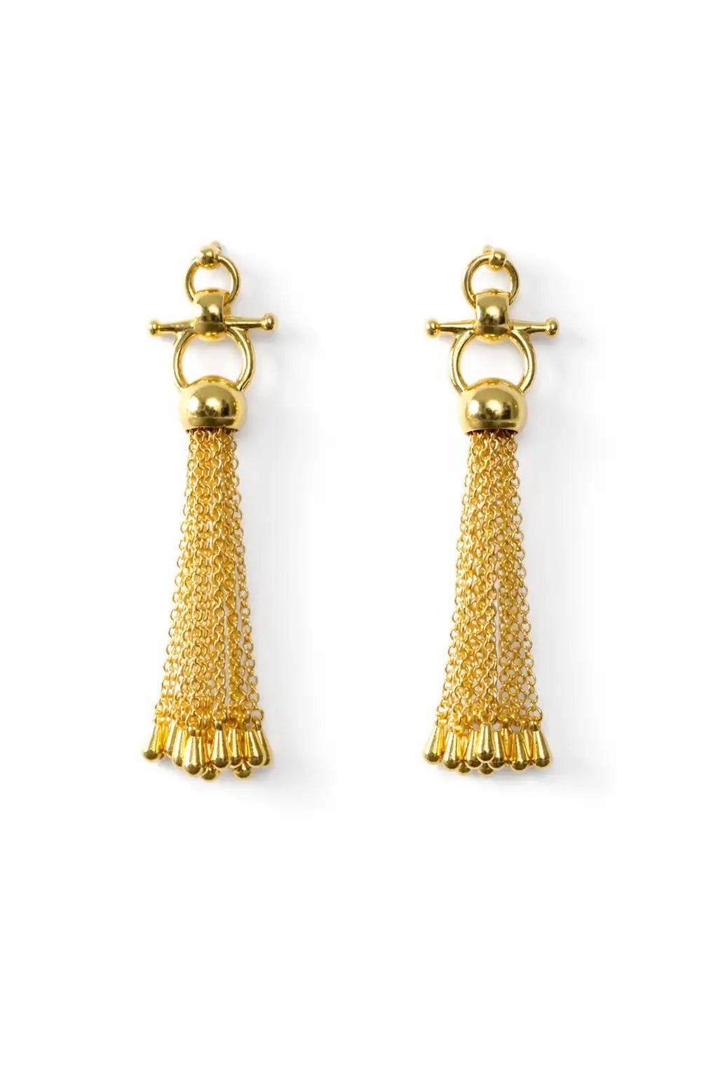 Chantilly Horse Bit Tassel Gold Earrings om a white background