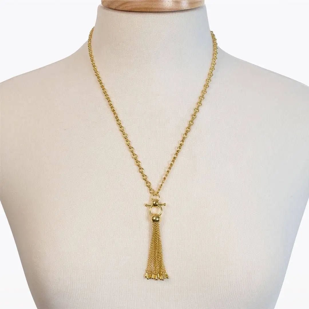 Chantilly Horse Bit Tassel Gold Necklace on Bust Form Close Up