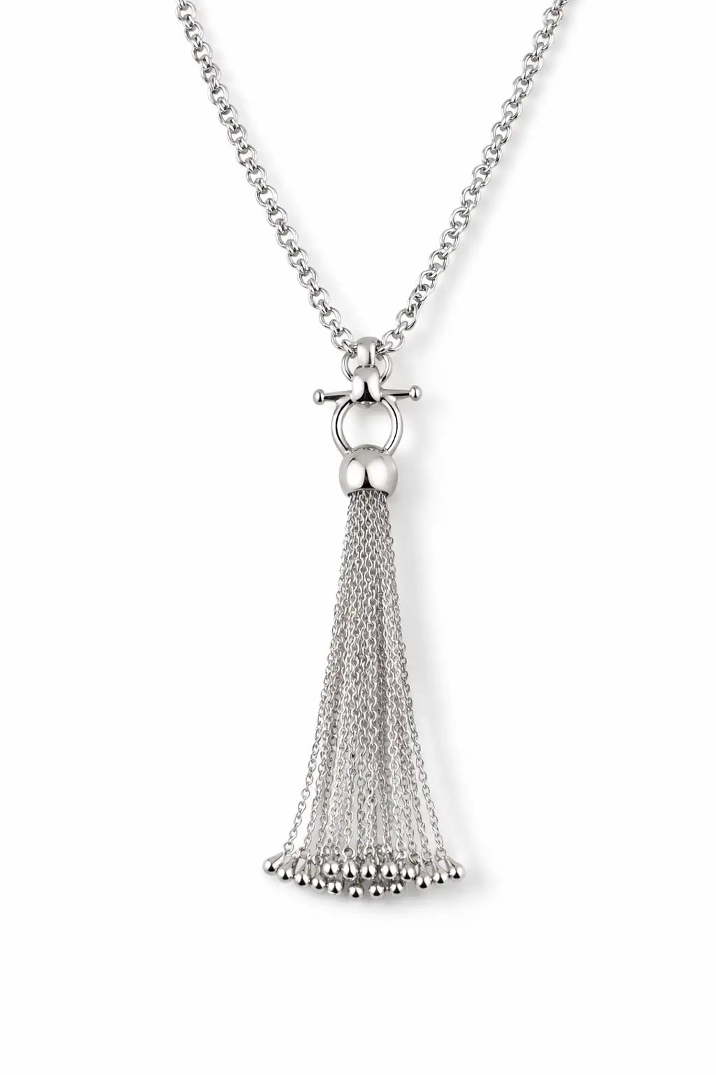 Chantilly Horse Bit Tassel Silver Necklace On White Background