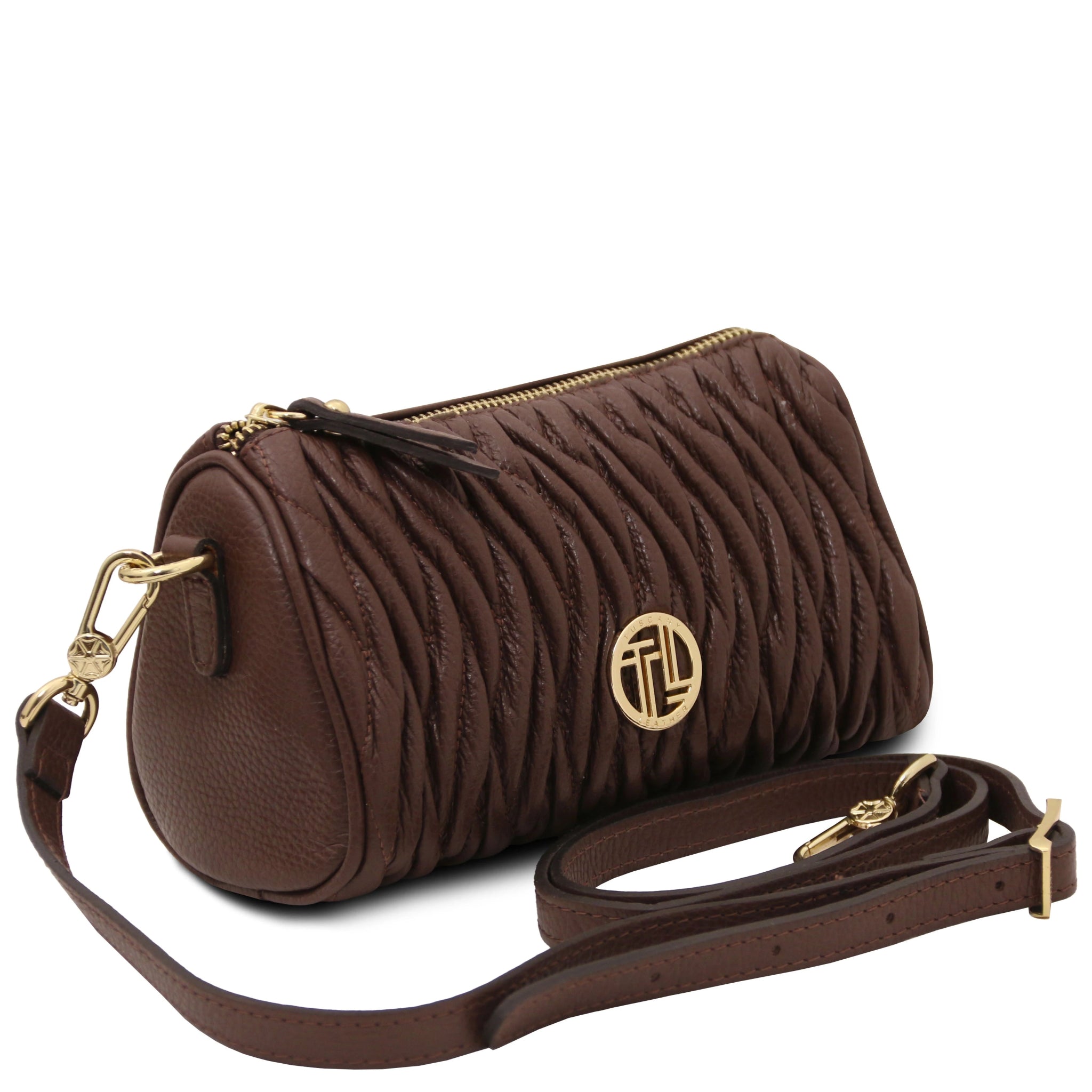 Chantilly Mini Bowling Bag in Coffee with leather shoulder strap