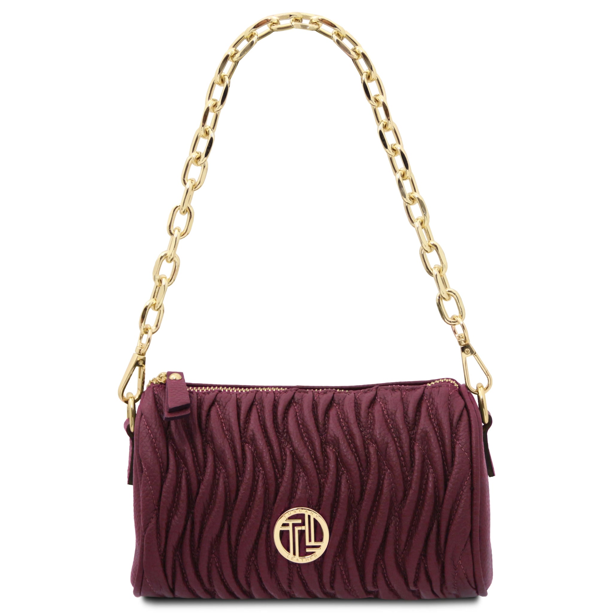 Front full chain handle view Chantilly Mini Bowling Italian Leather Bag in Bordeaux