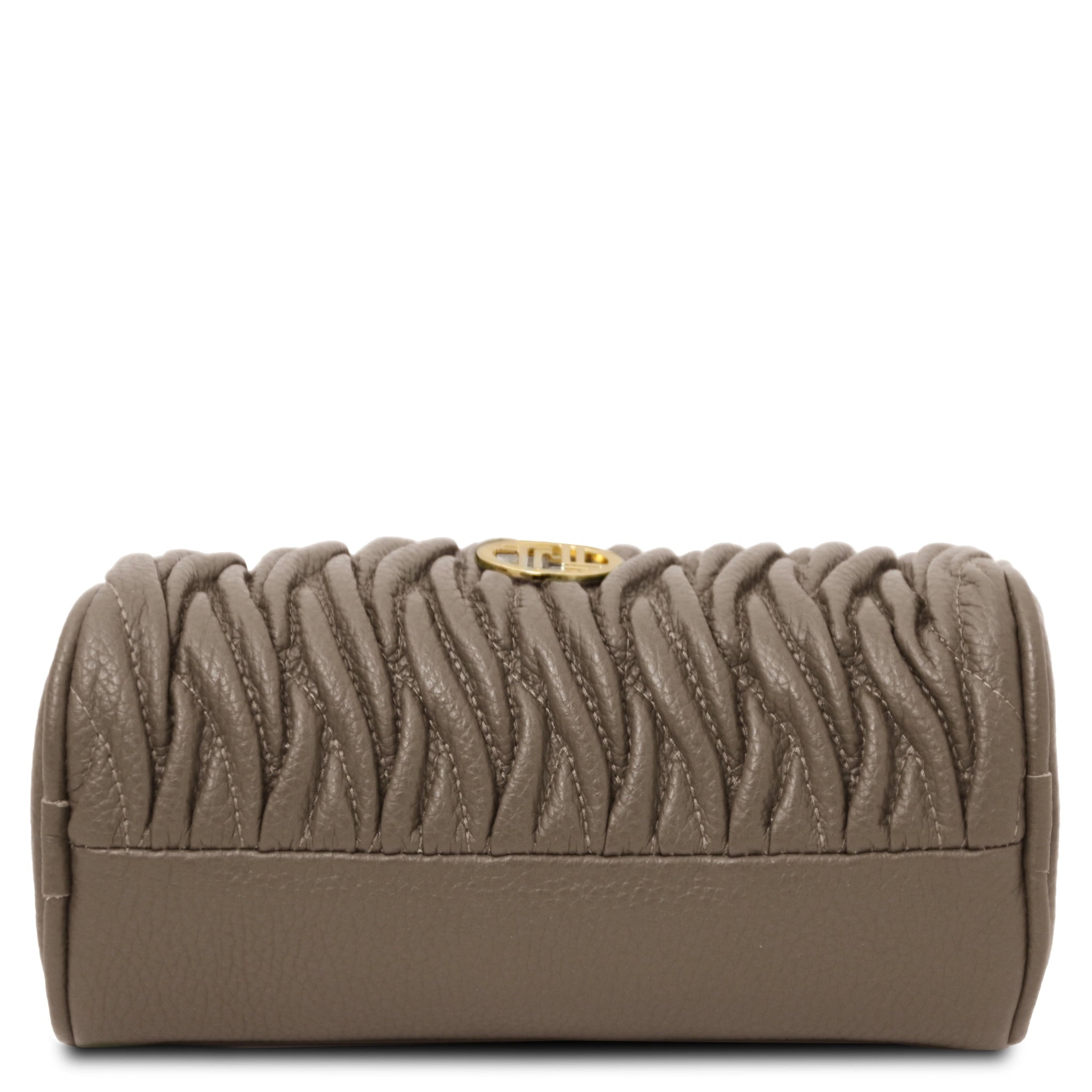Bottom plain and ruching leather view Chantilly Mini Bowling Bag in Dark Taupe