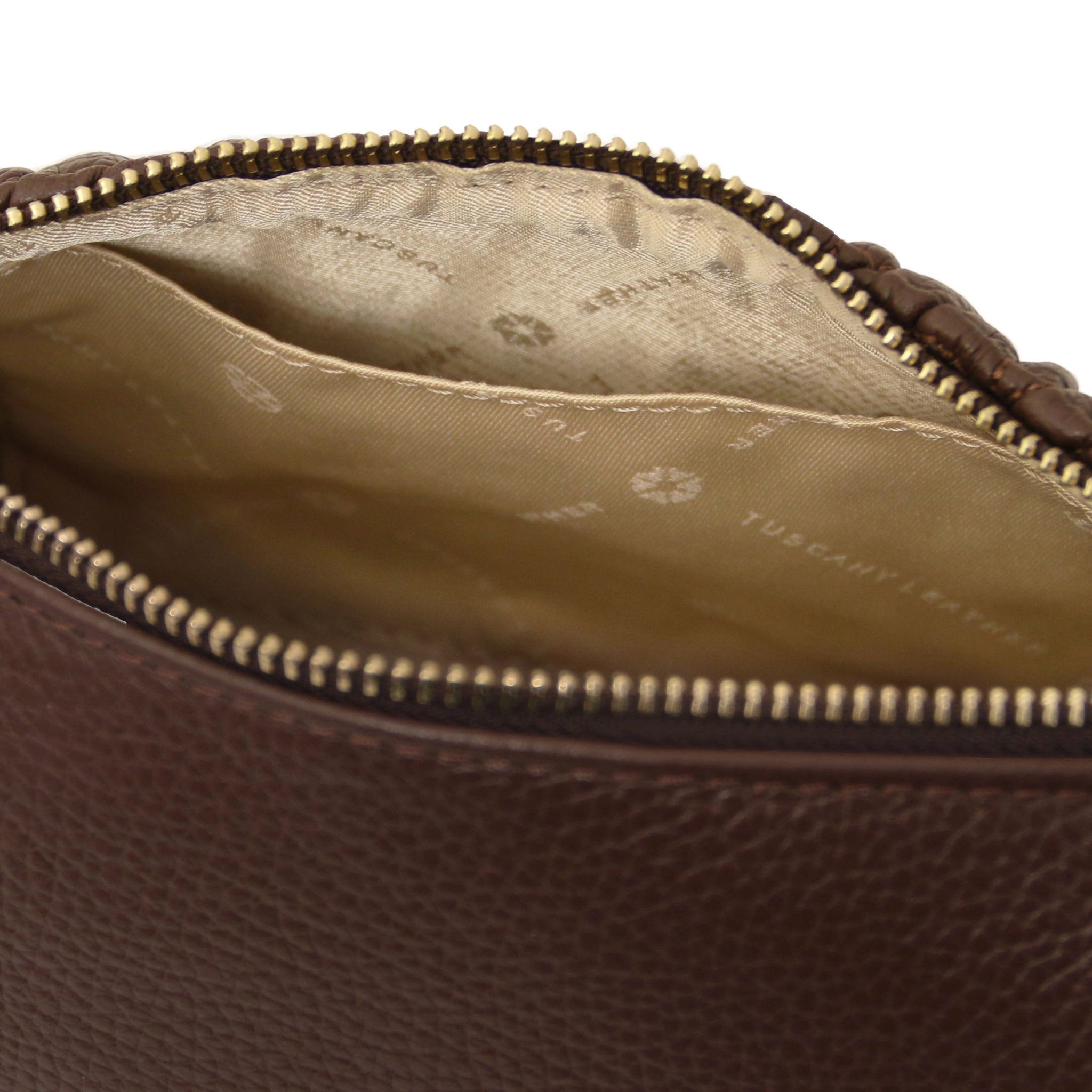 Interior open pockets red lining view Chantilly Mini Bowling Bag in Coffee
