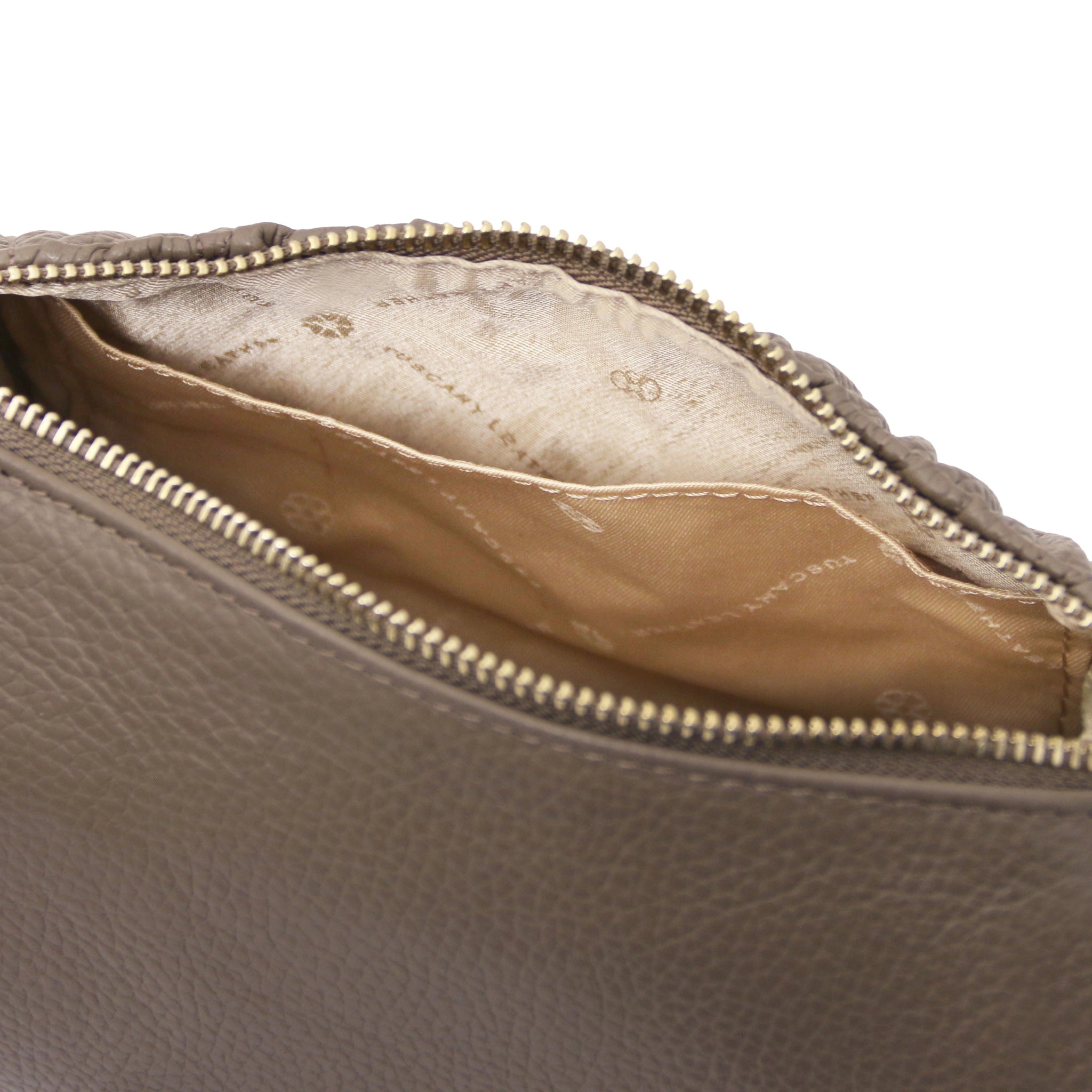 Interior open pockets red lining view Chantilly Mini Bowling Bag in Dark Taupe