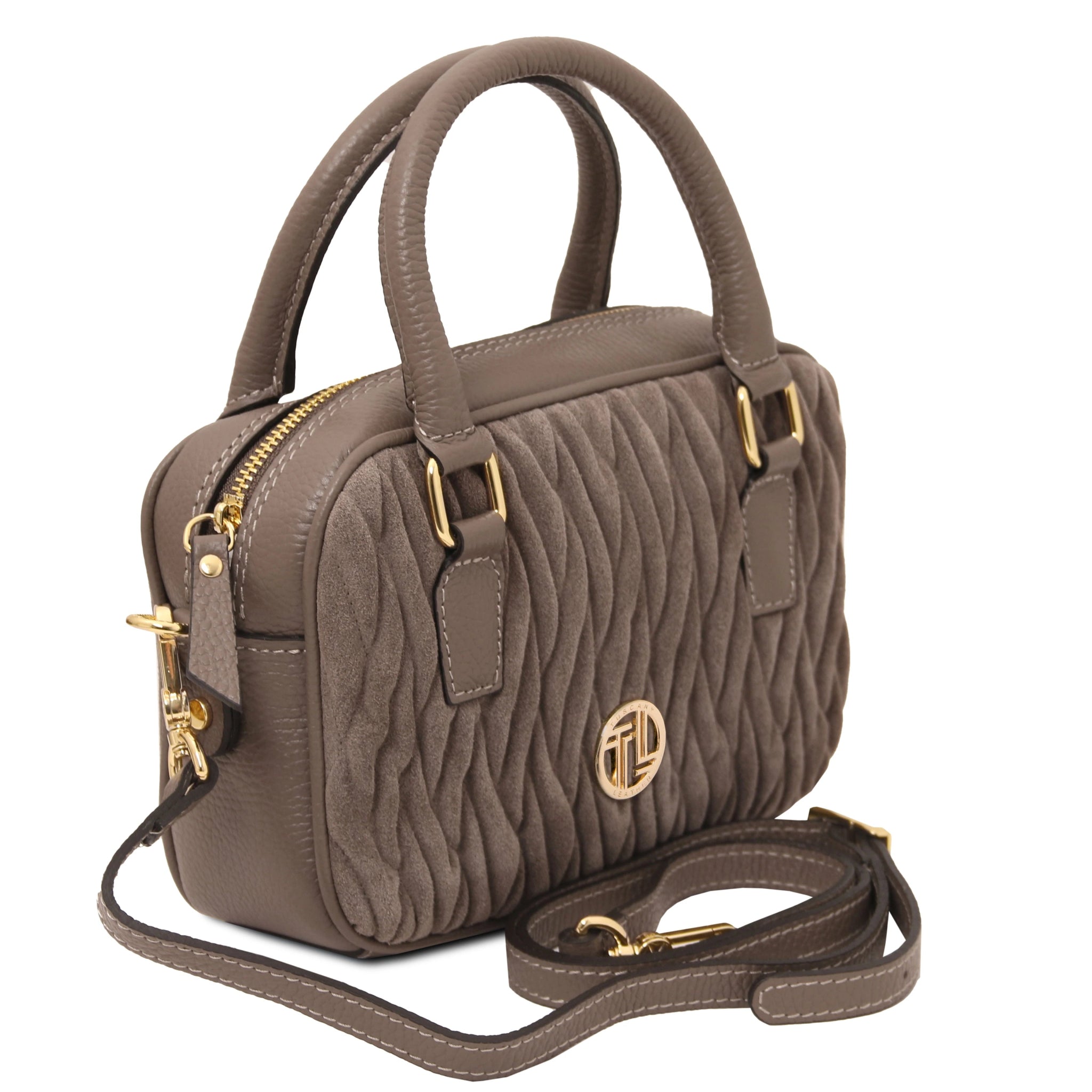 Chantilly Suede Leather Handbag in dark taupe showing shoulder strap