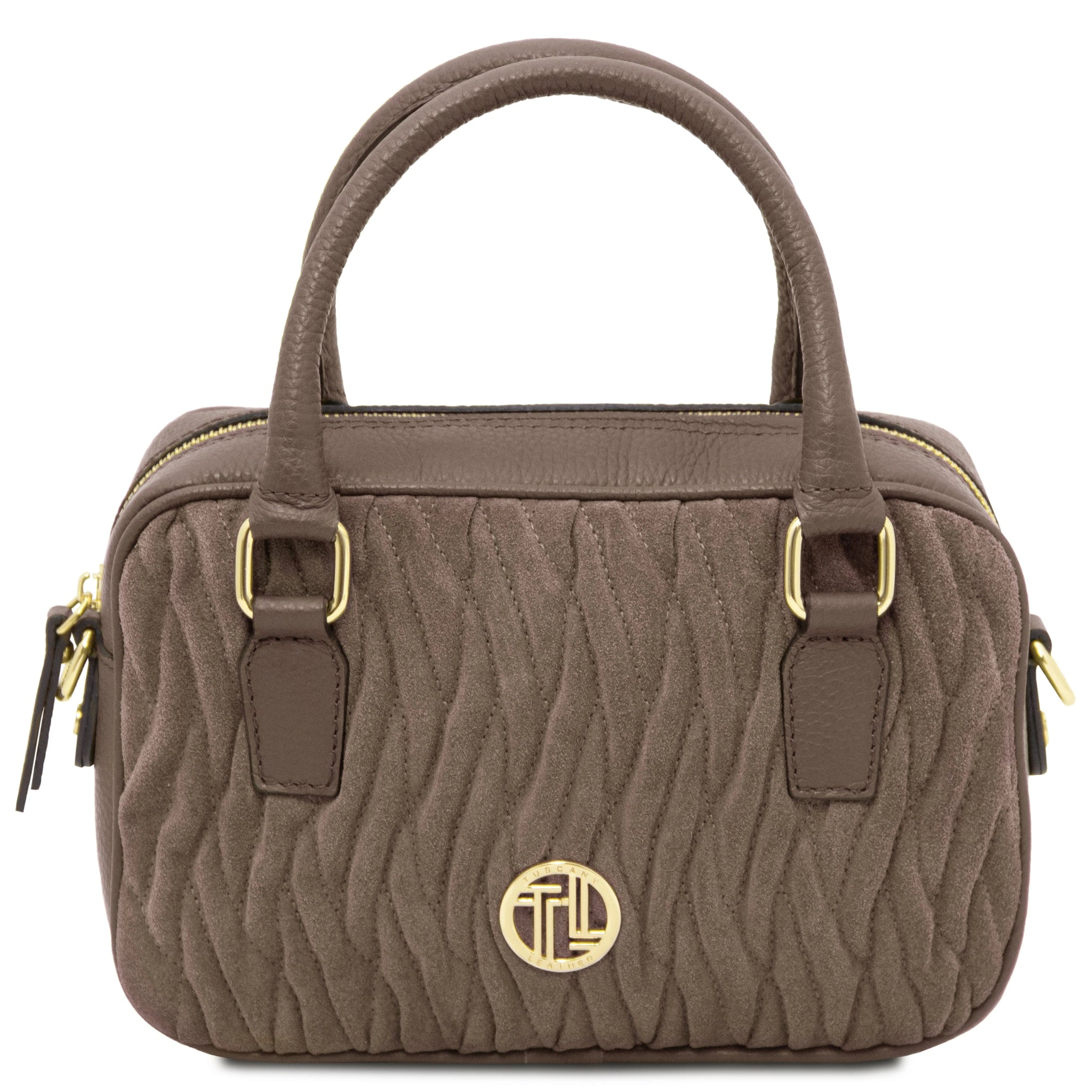 Chantilly Quilted Suede Leather Handbag in dark taupe with gold accents