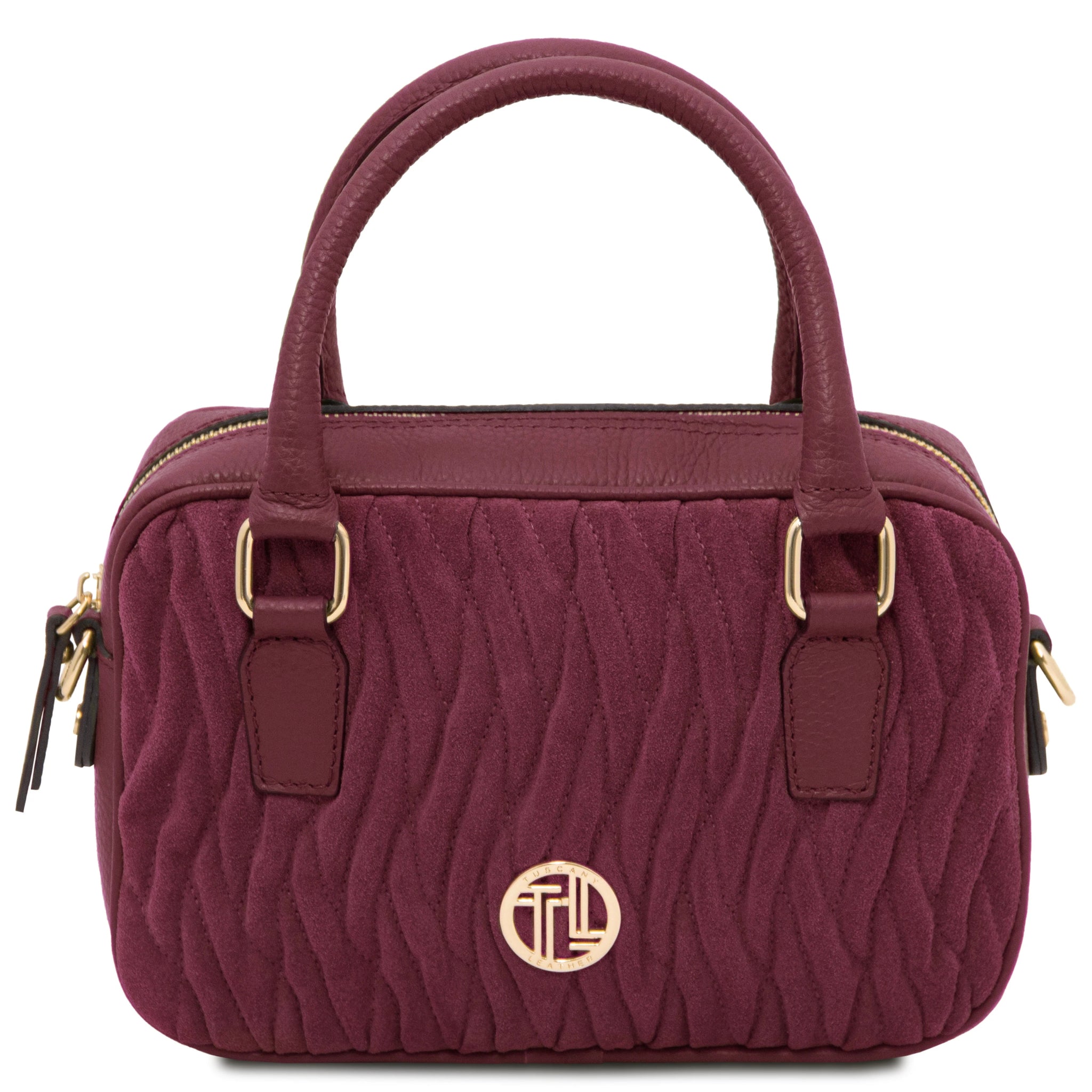 Chantilly Quilted Suede Leather Handbag in bordeaux with gold accents