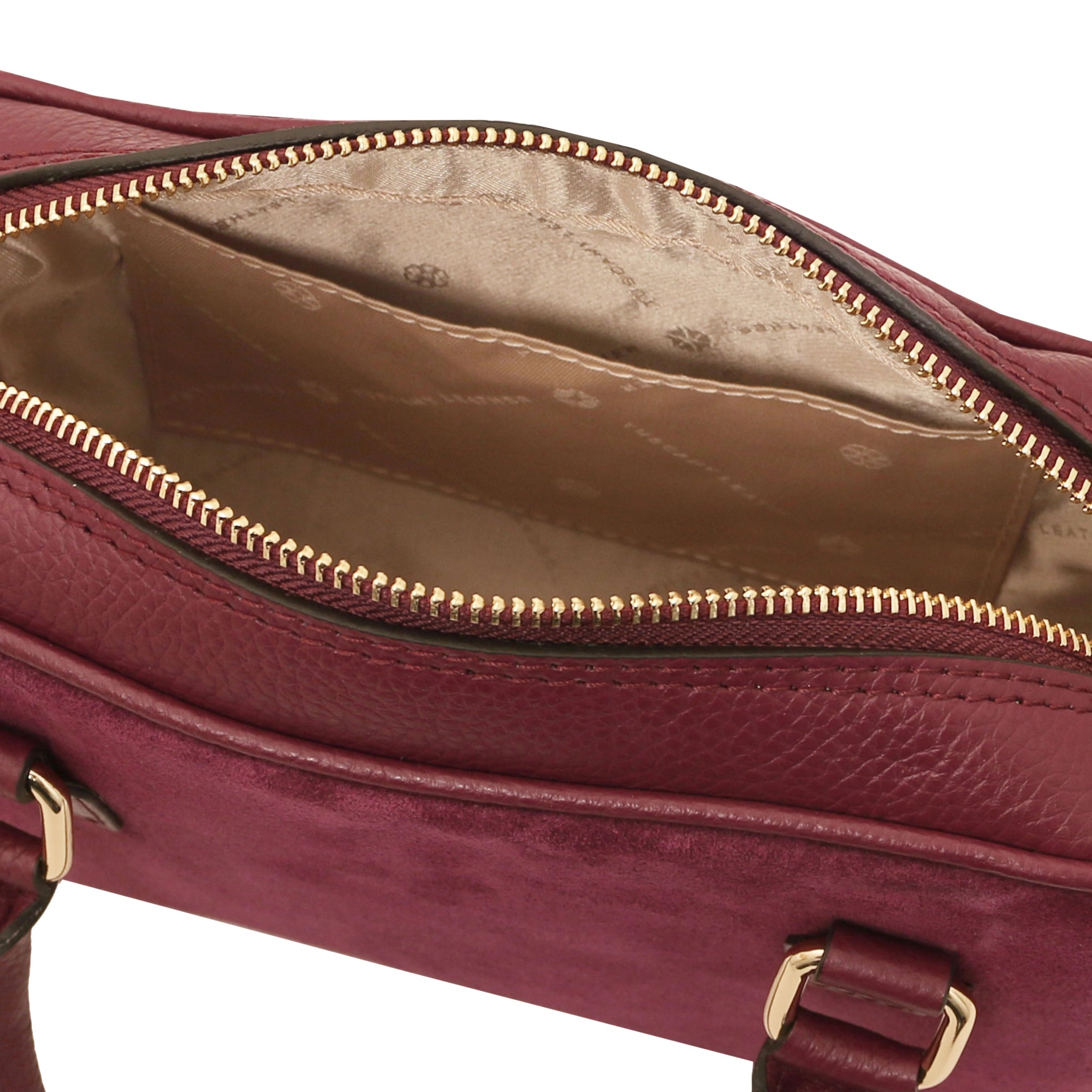 Interior view of Chantilly Suede Handbag in bordeaux with beige lining and open pocket