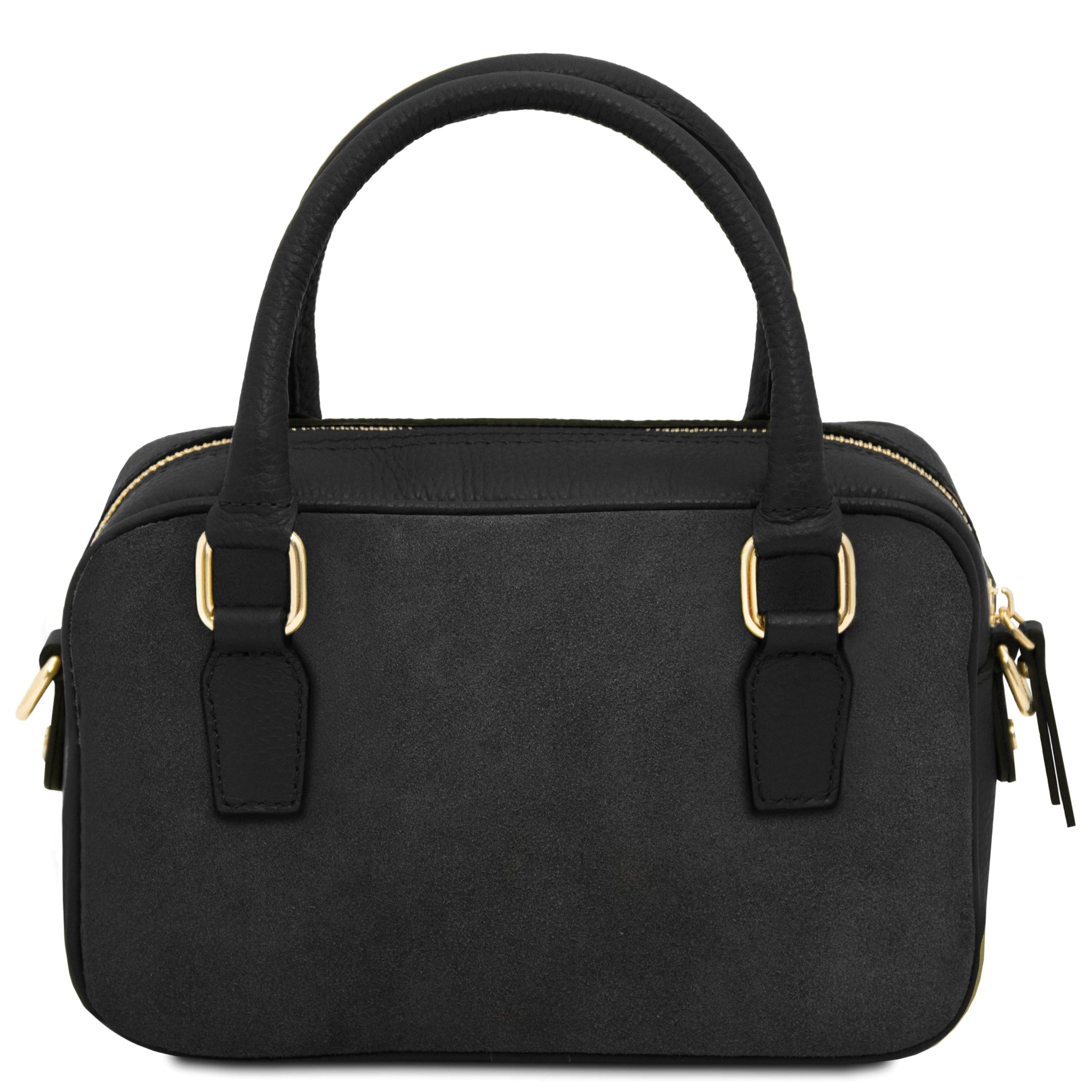Back of black Chantilly Suede Handbag showing non-quilted suede panel