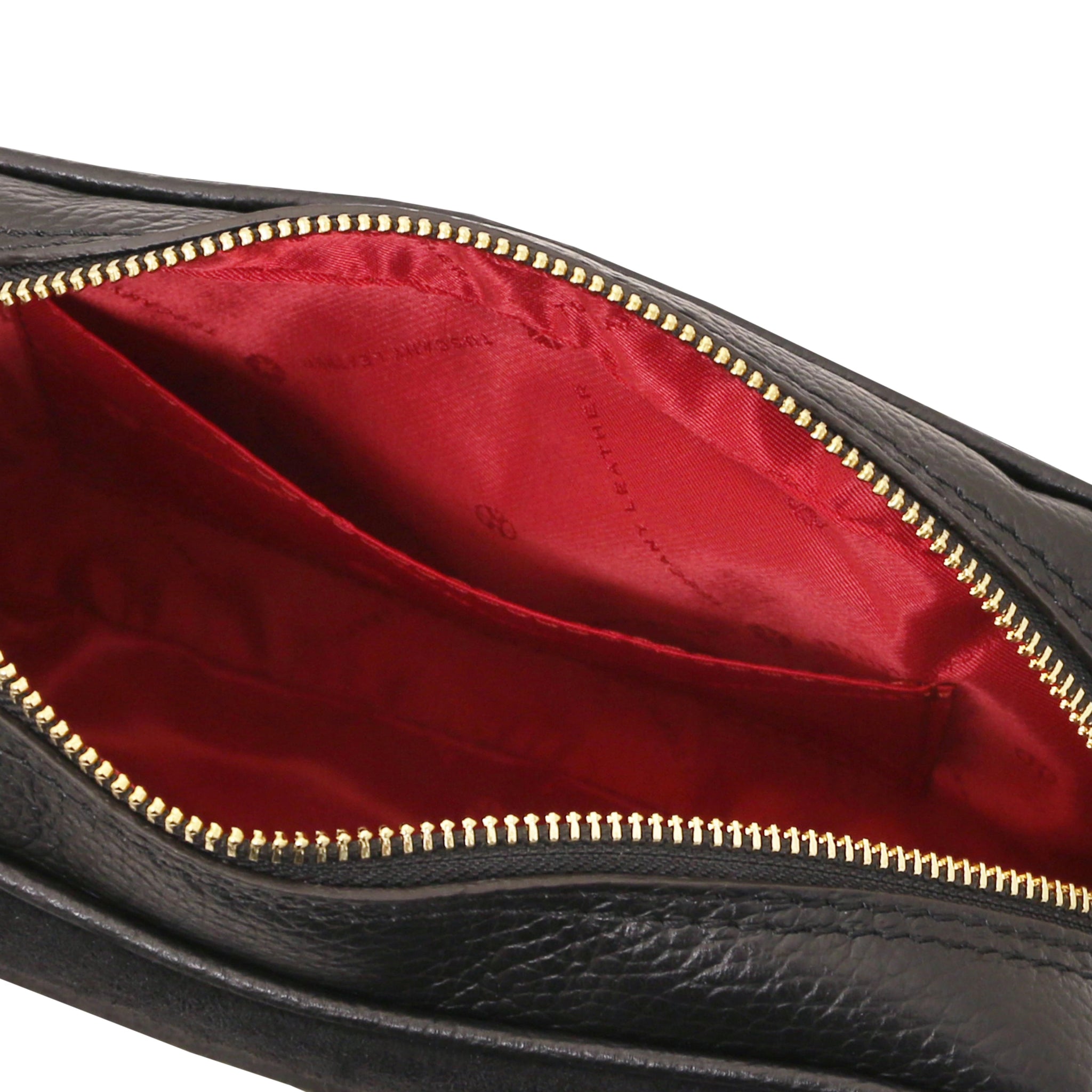 Open pocket inside black Chantilly Suede Handbag with red suede lining