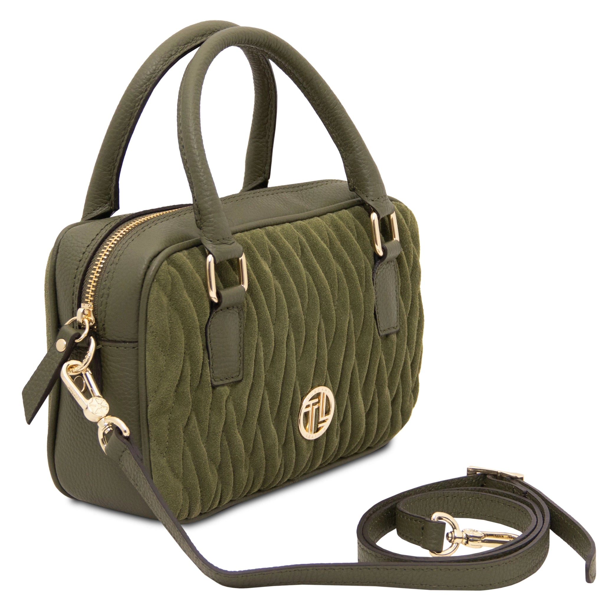 Chantilly Suede Leather Handbag in green  with shoulder straps on white background