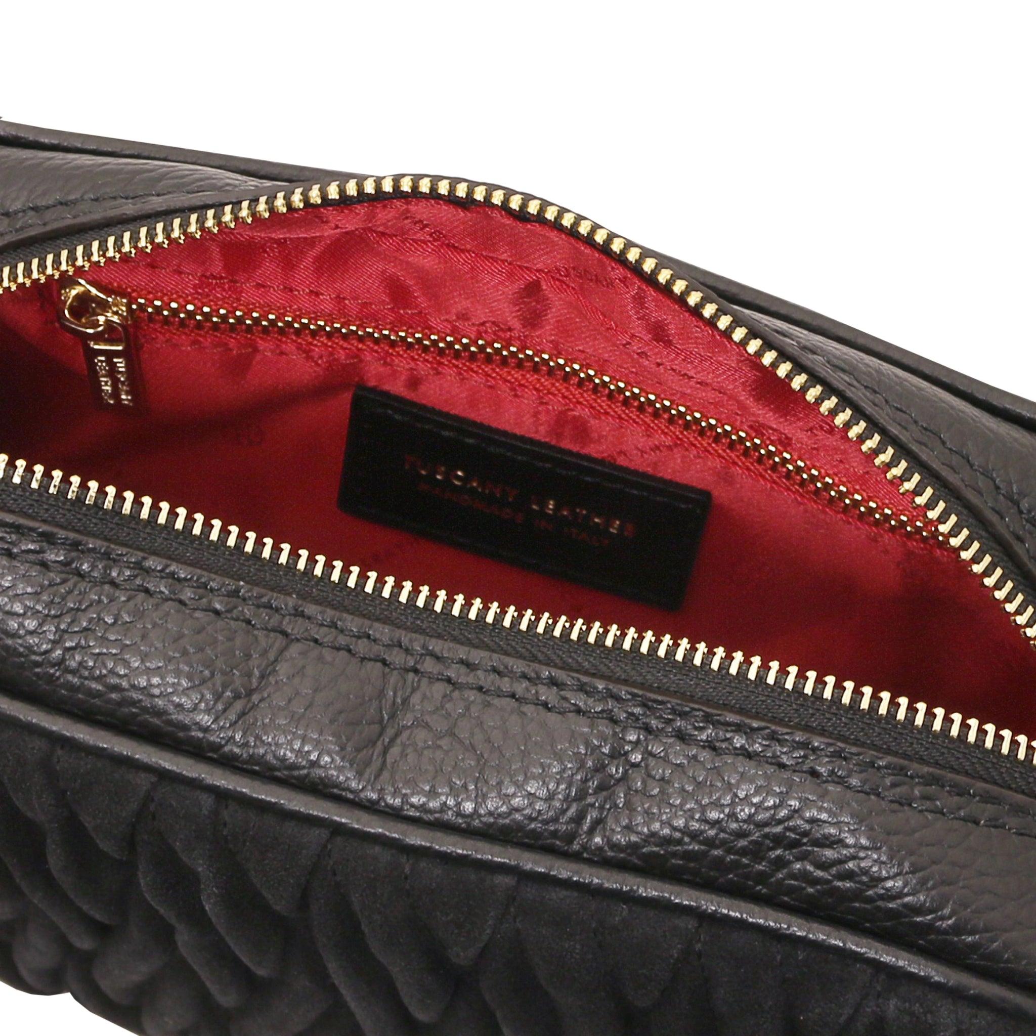Zip pocket inside black Chantilly Suede Handbag with red suede lining