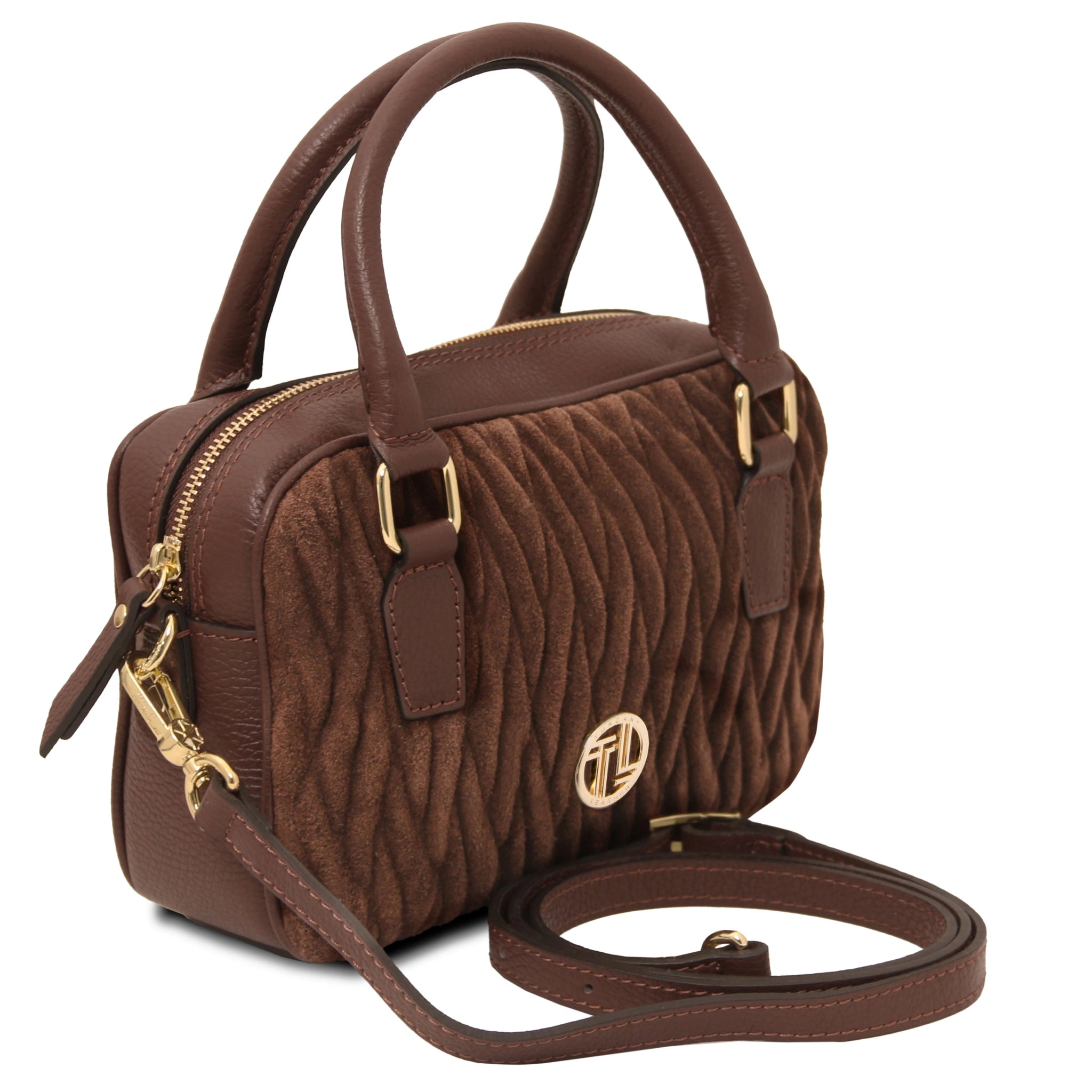 Chantilly Suede Leather Handbag in coffee showing shoulder strap