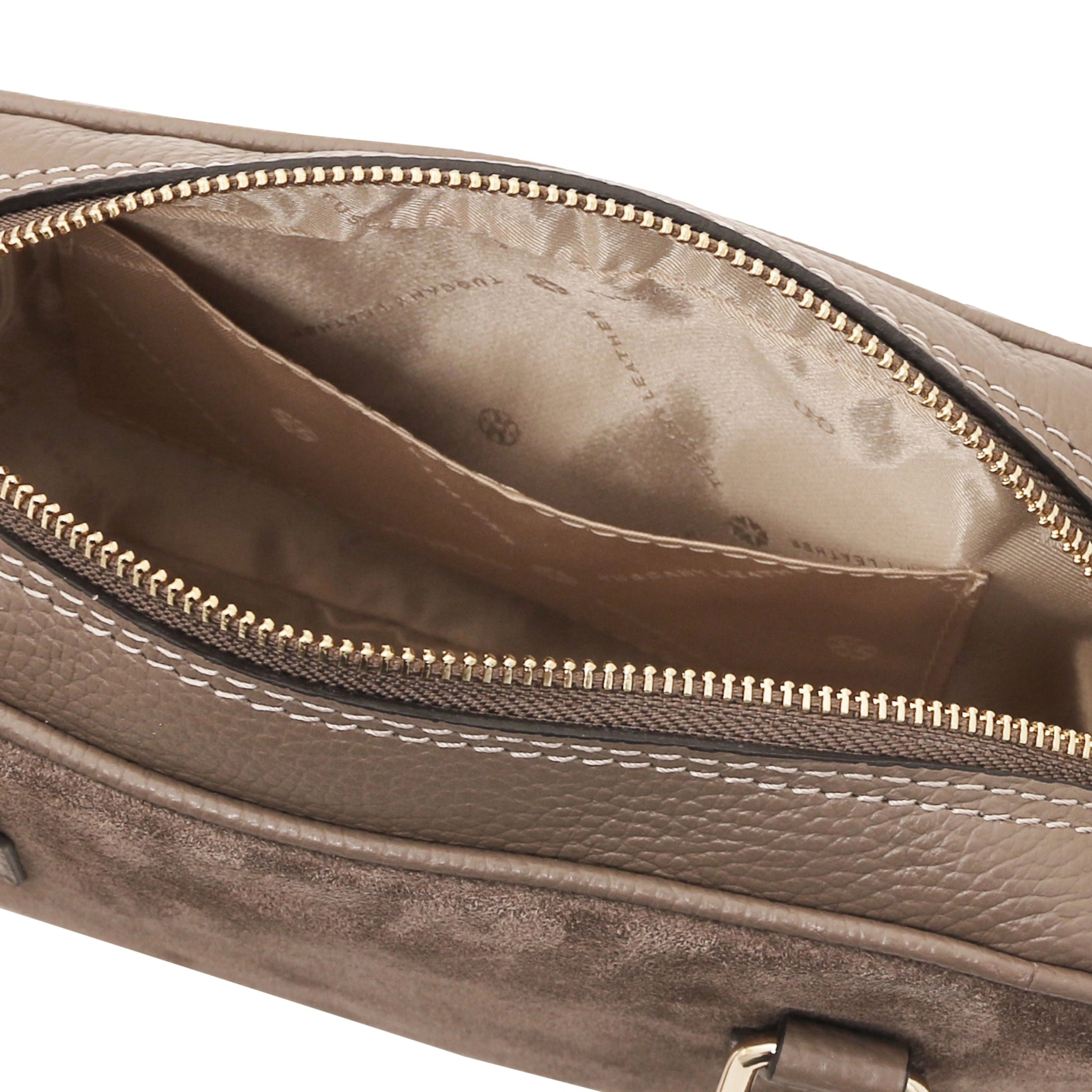 Interior view of Chantilly Suede Handbag in dark taupe with beige lining and open pocket