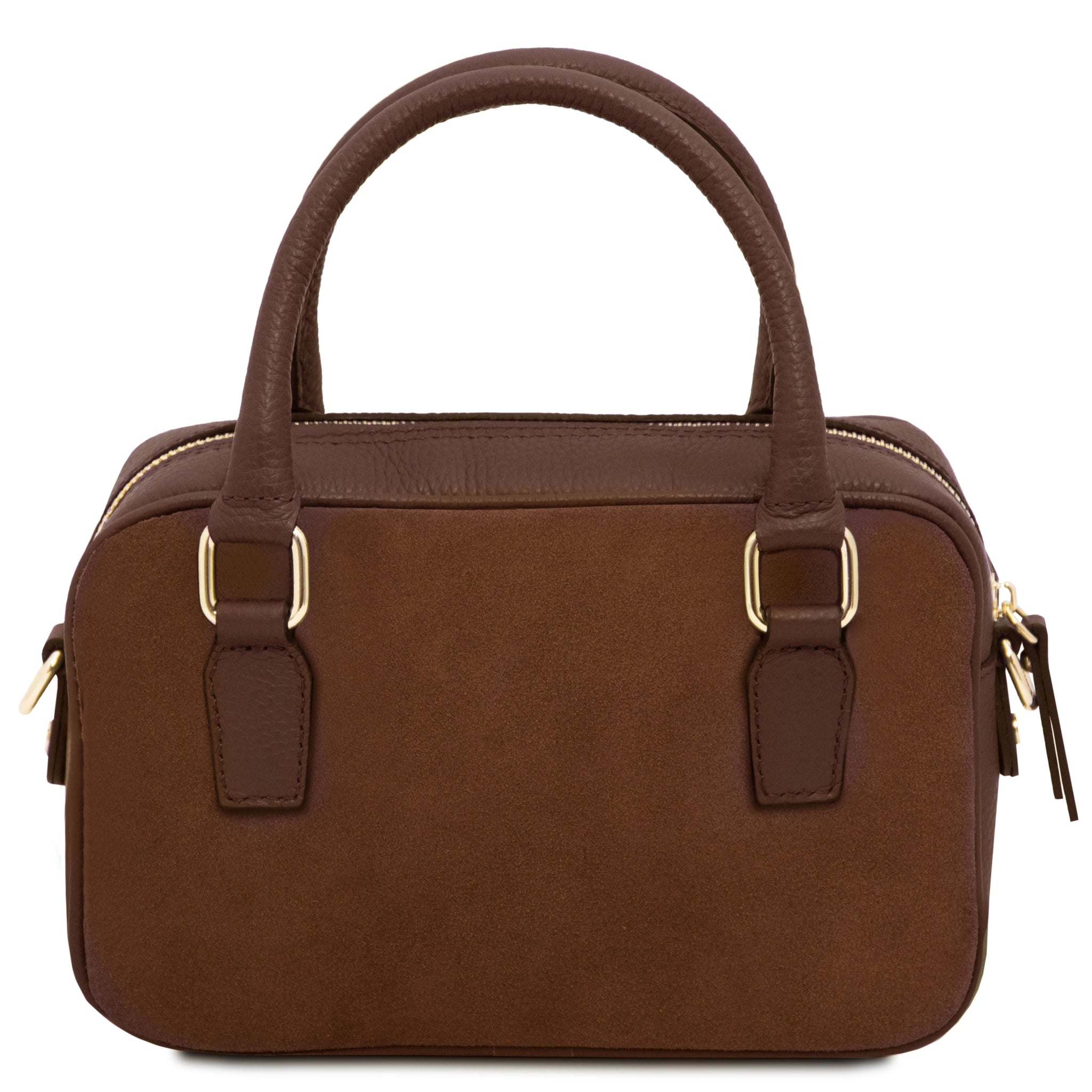 Back of coffee Chantilly Suede Handbag showing non-quilted suede panel