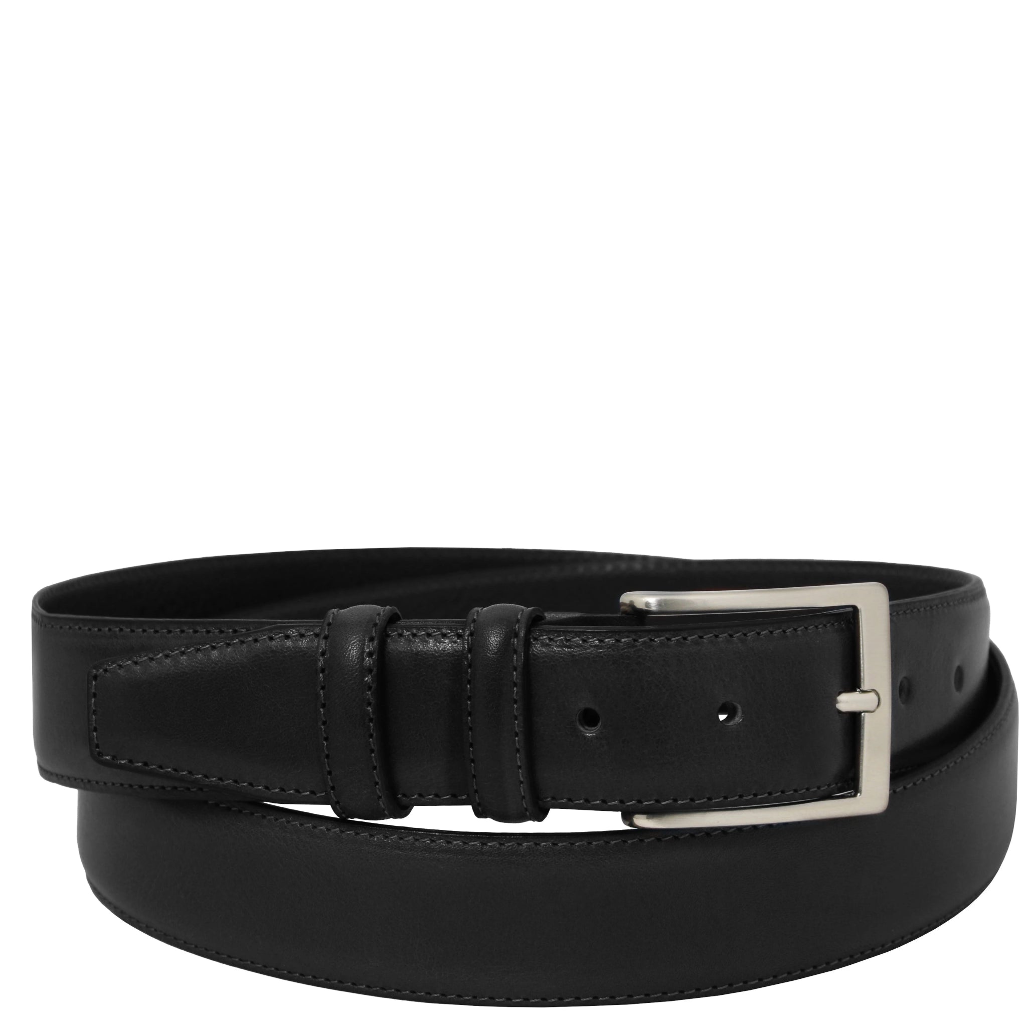 Black leather belt with a silver buckle on a white background