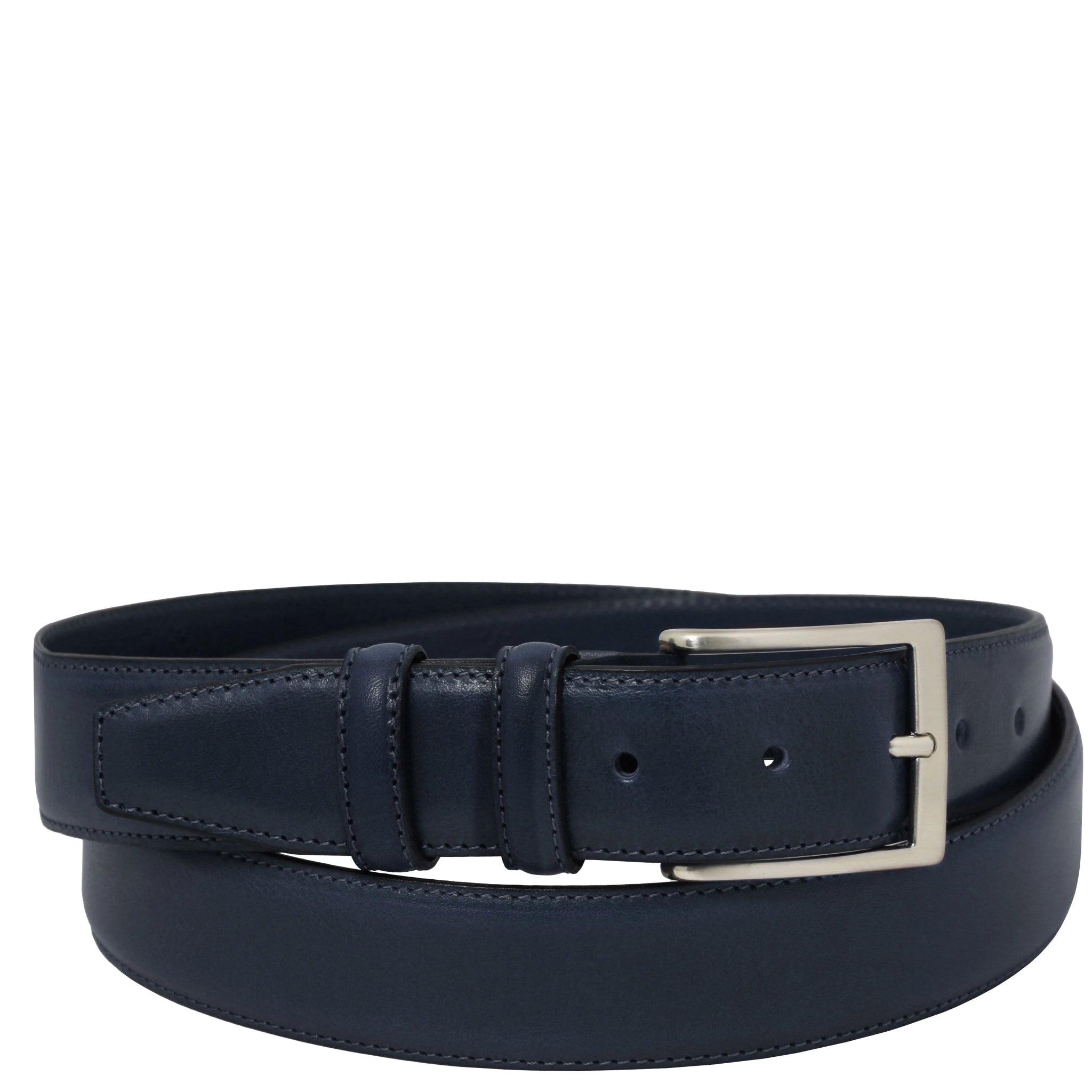Dark blue leather belt with a silver buckle on a white background