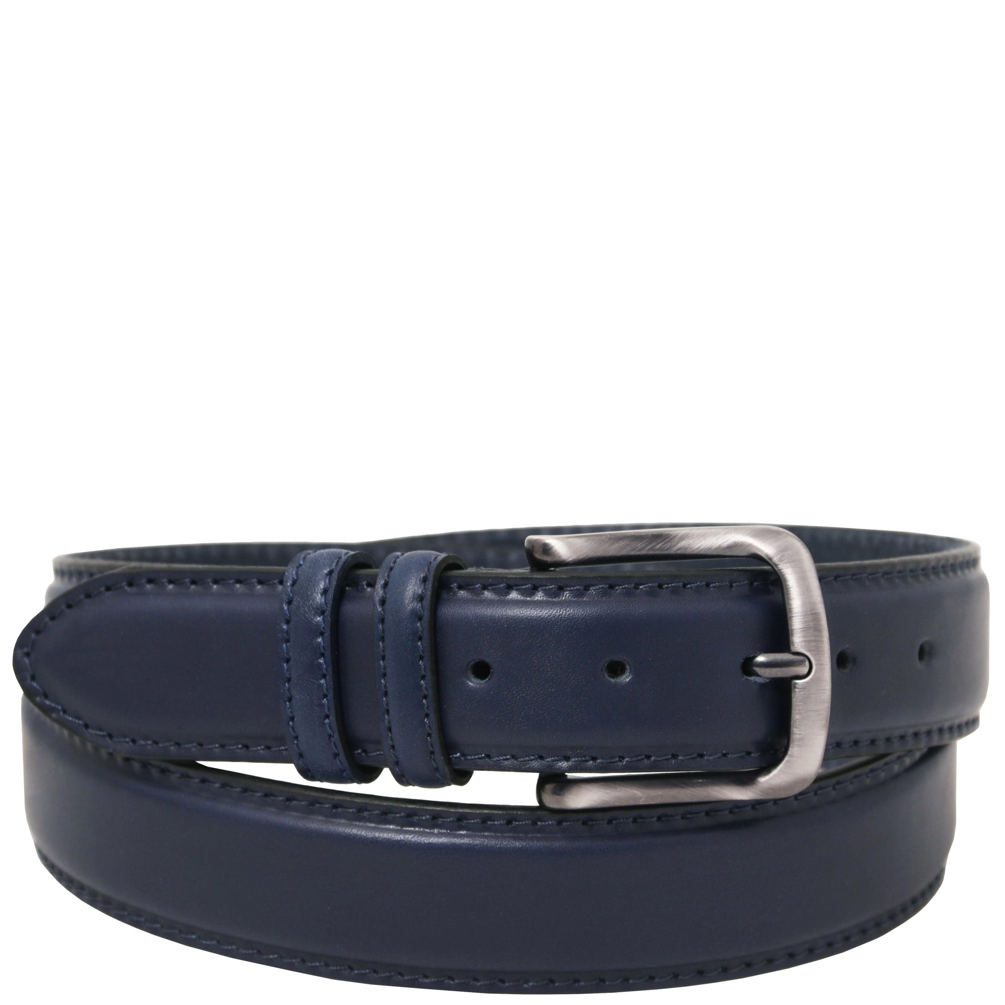Classic Tuscan Padded Italian Leather Belt in Dark Blue with silver hardware on a white background