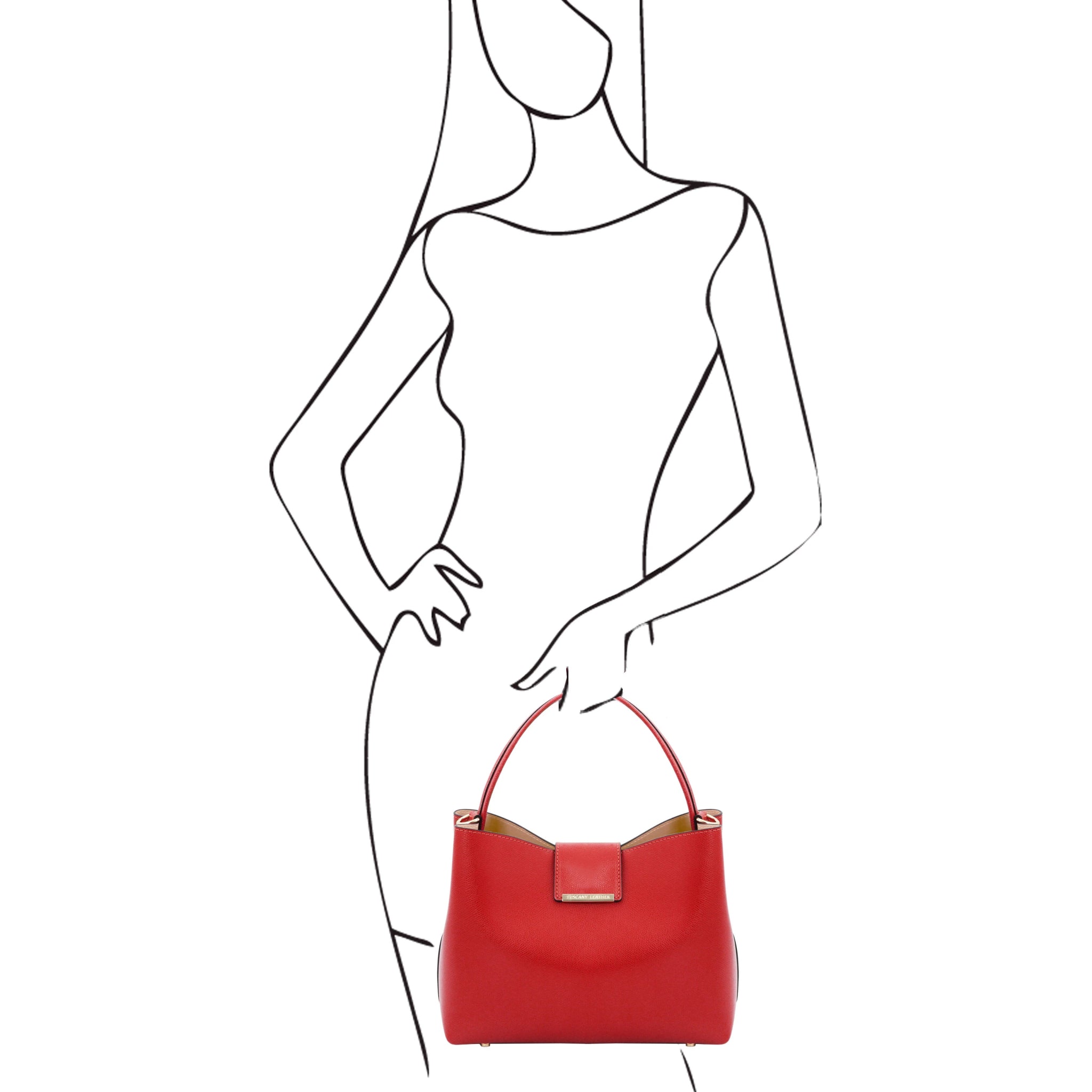 Black sketch of woman on white holding Clio Leather Secchiello Bag in lipstick red 