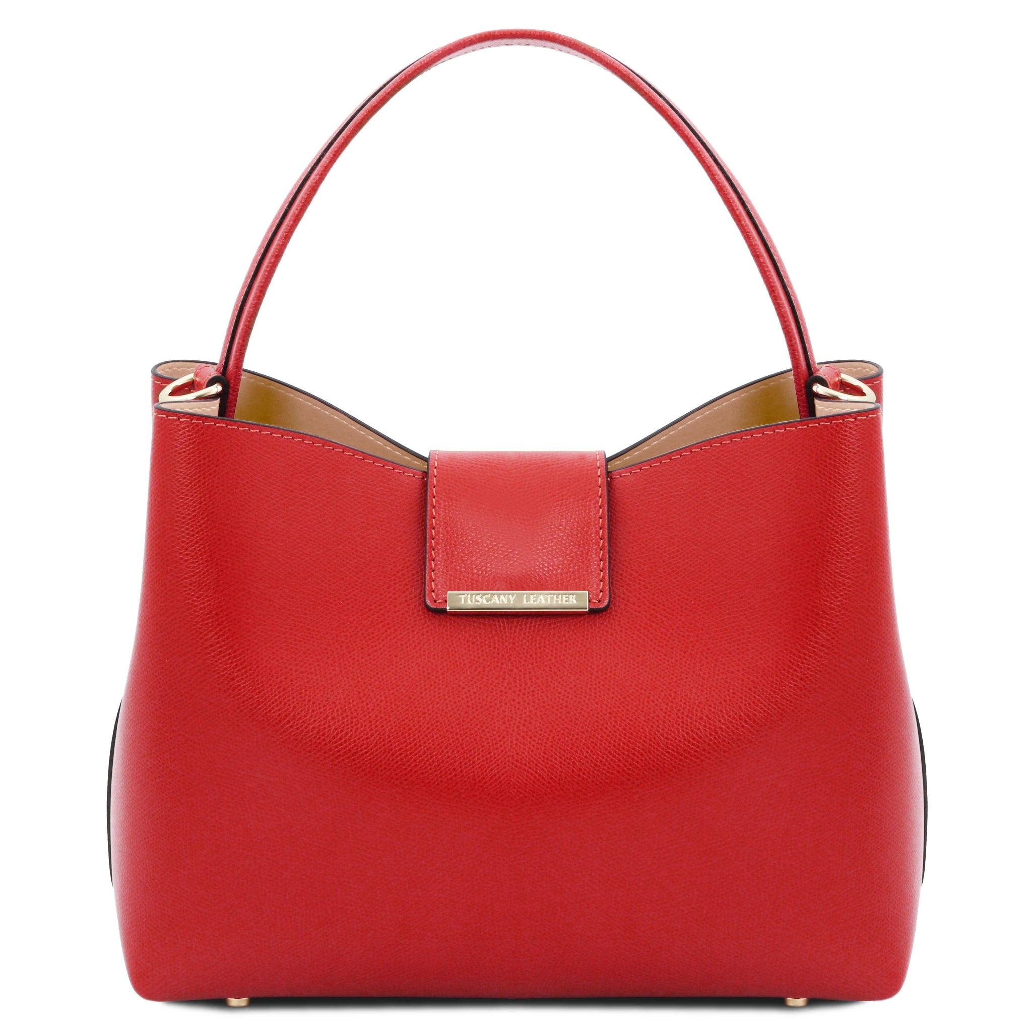 Front View of Clio Leather Secchiello Bag in red showing handle