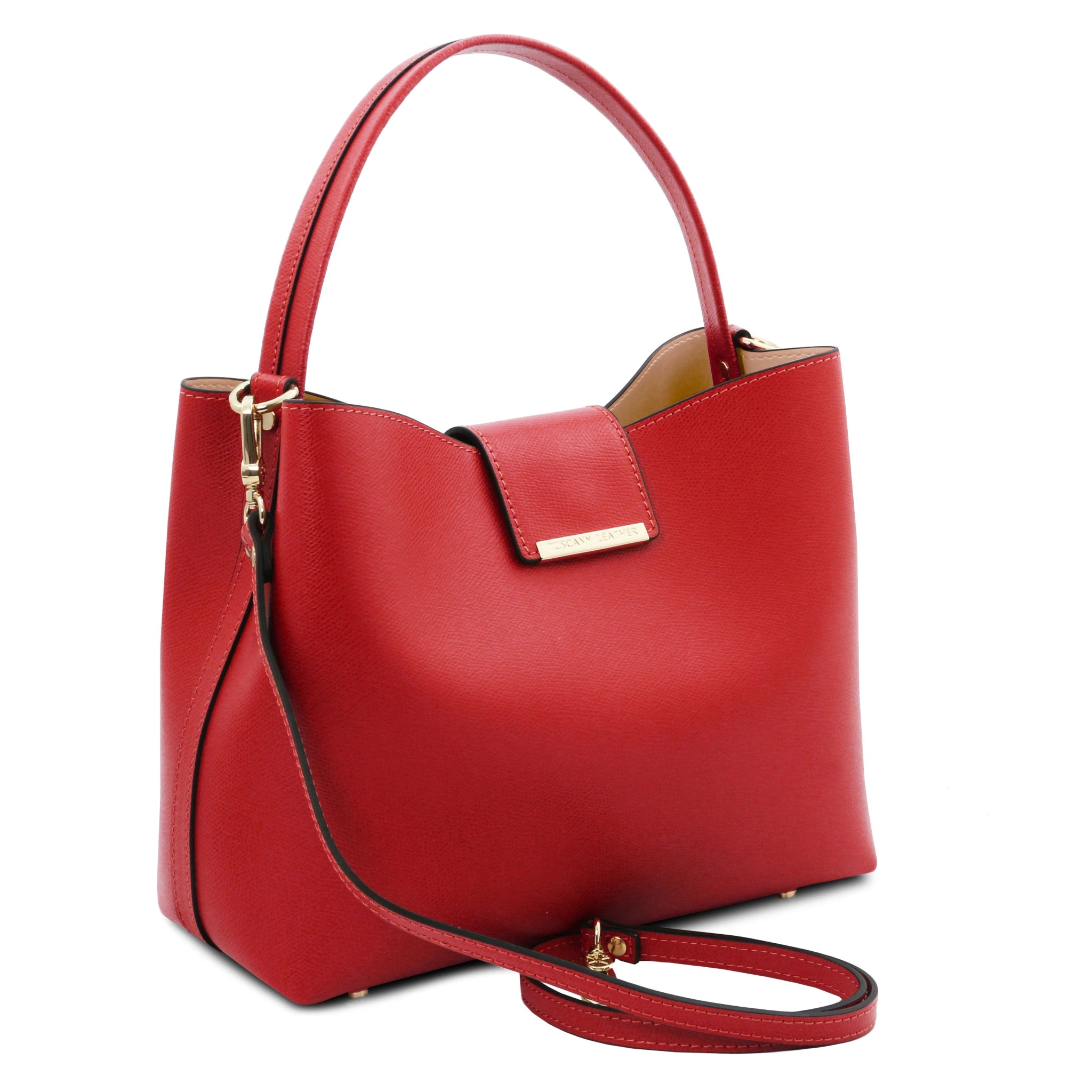 Front Angled View Clio Italian Pebbled Leather Secchiello Bag in lipstick red showing detachable shoulder strap