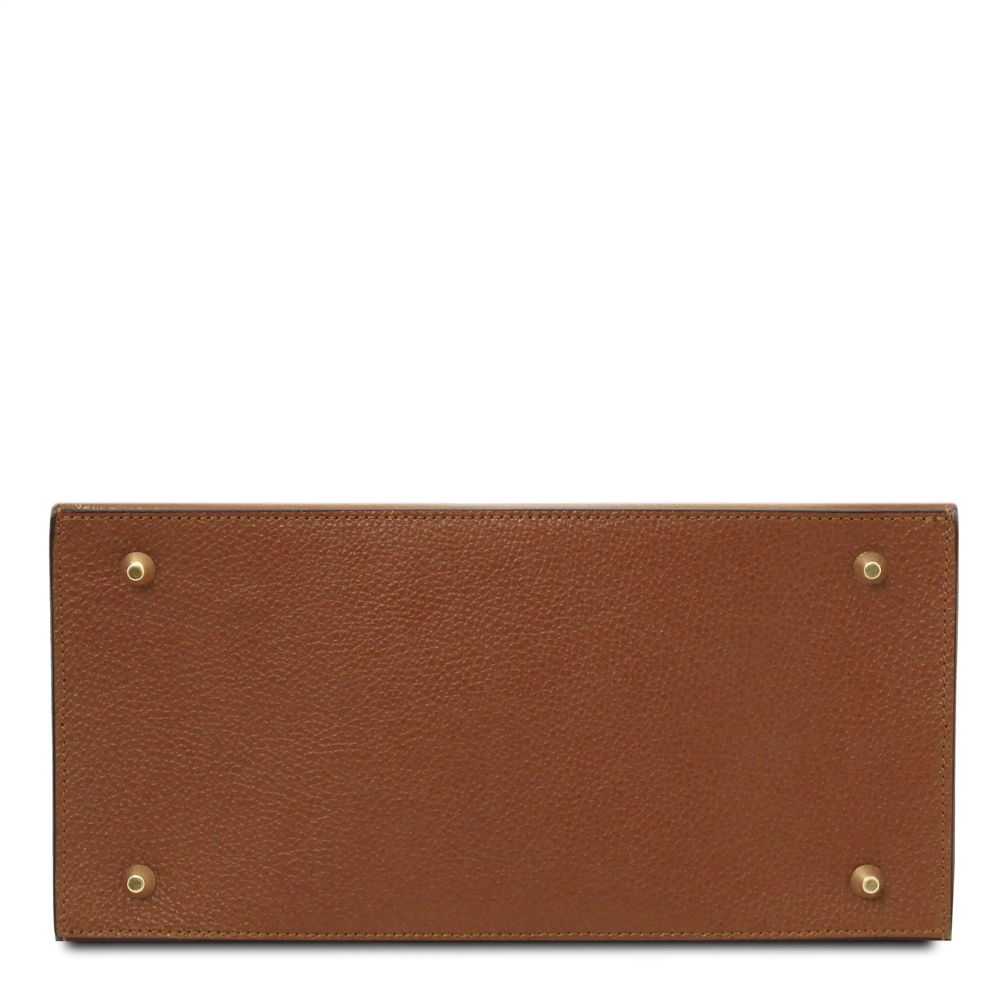 Bottom View Coccola Italian Pebbled Leather Handbag in Cognac with protective golden feet