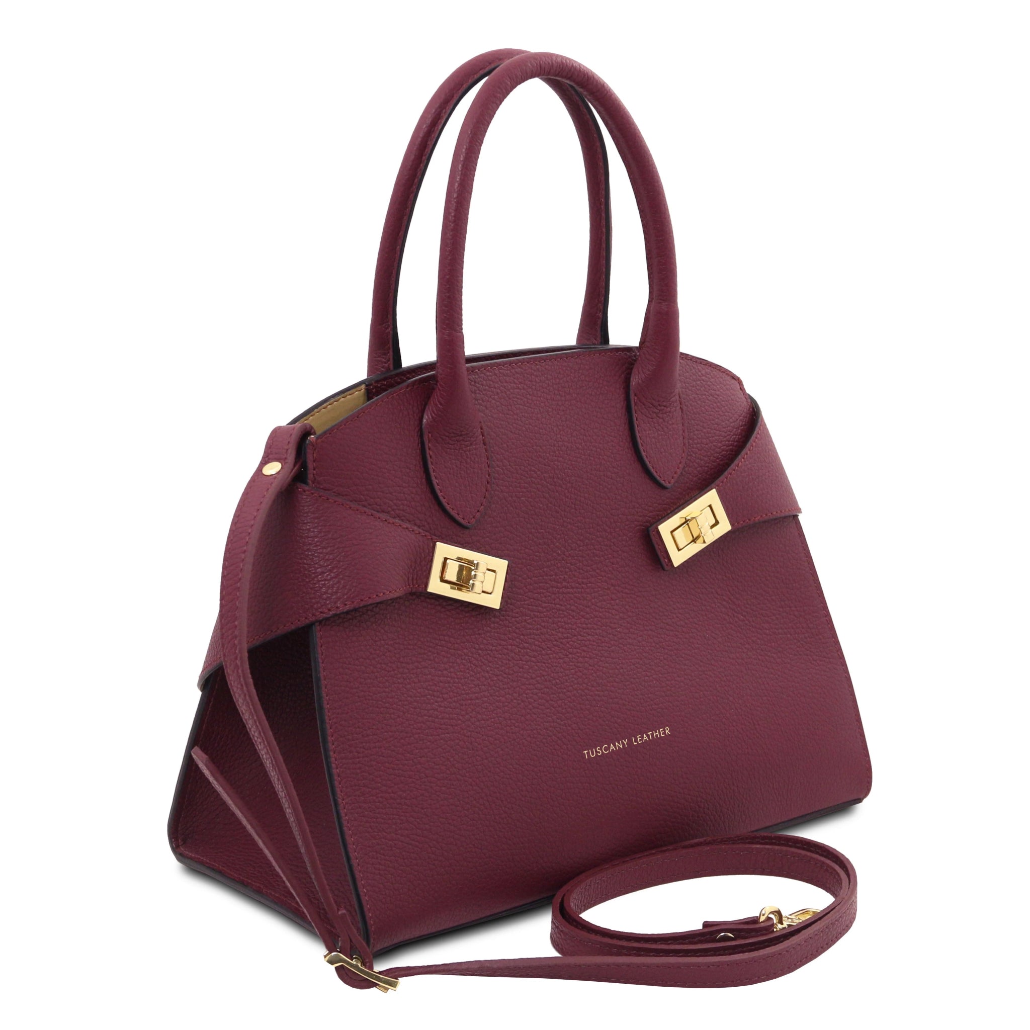 Side View Coccola Italian Pebbled Leather Handbag in bordeaux with shoulder strap