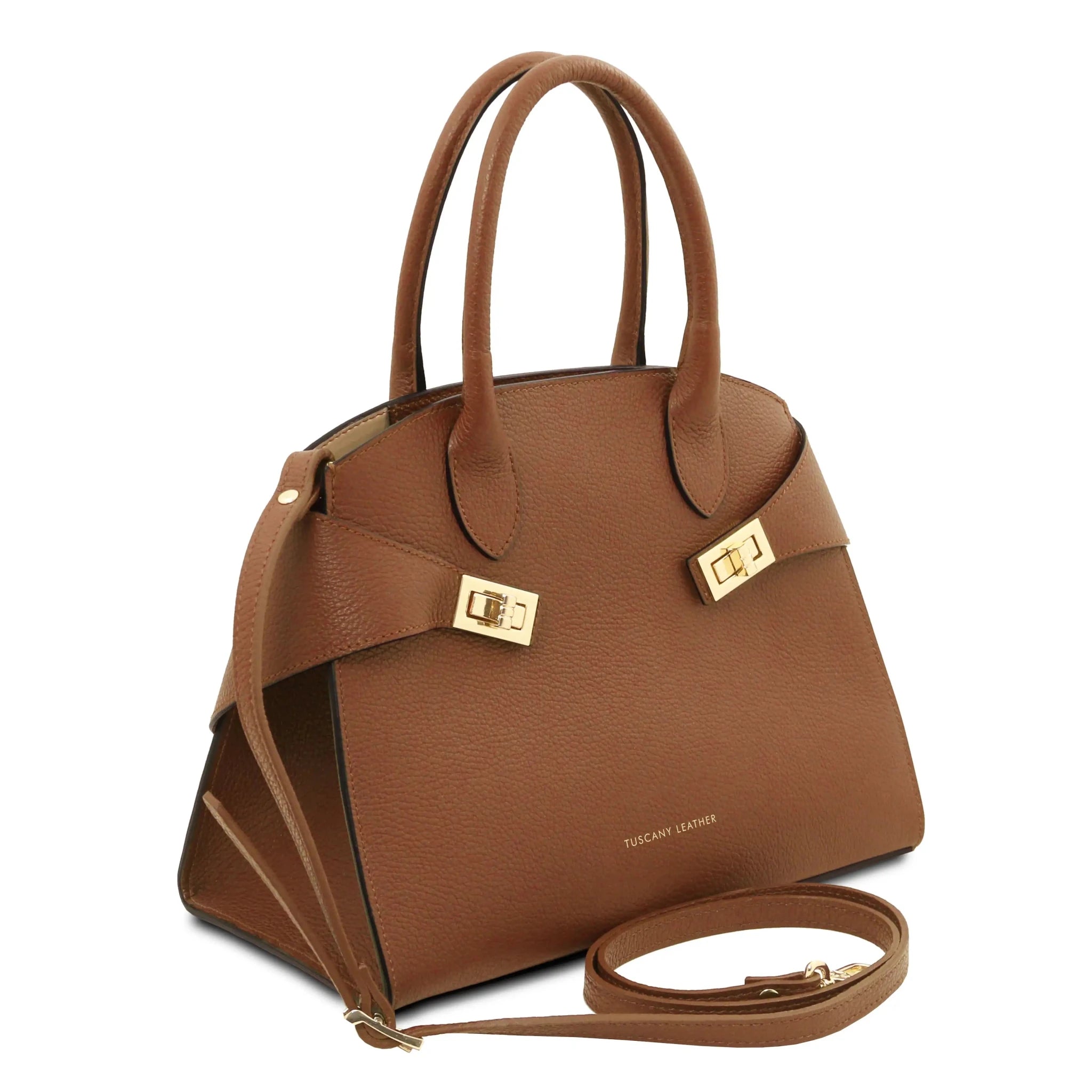 Front side View Cognac Italian Pebbled Leather Handbag in Cognac with detachable shoulder strap