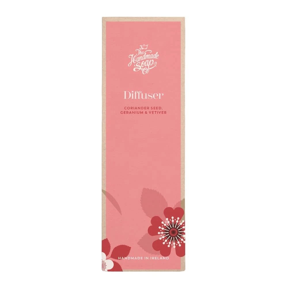Pink diffuser packaging with floral design and text on a white background