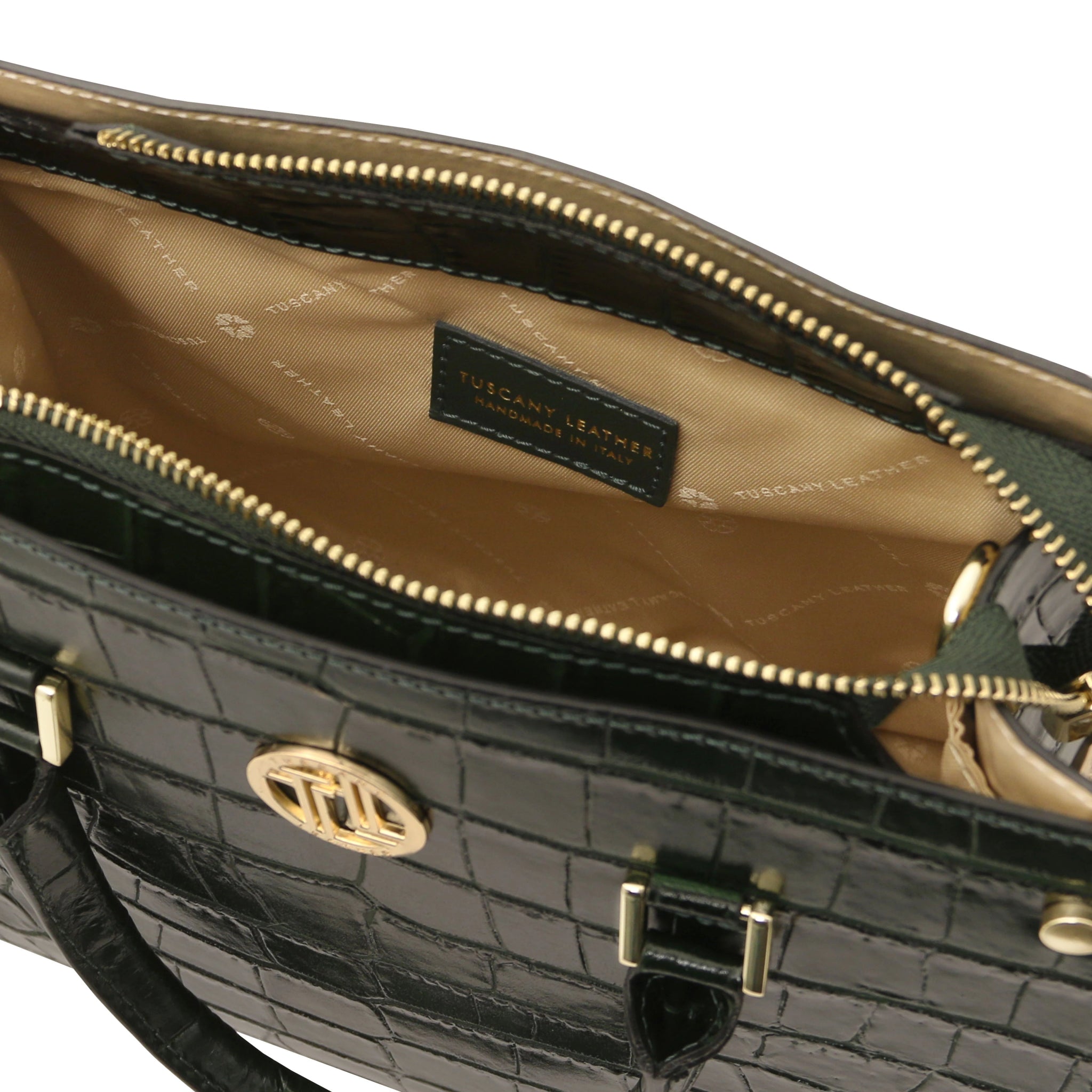 Interior view Croque Croc Print Italian Leather Handbag in forest green beige lining