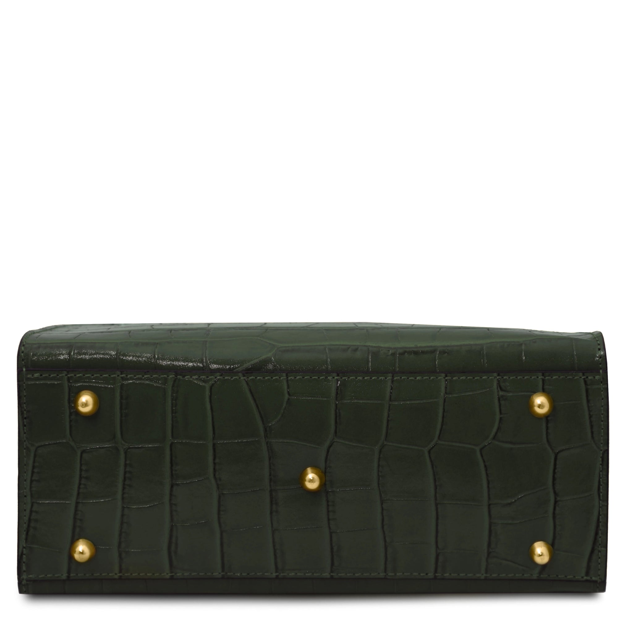 Bottom view Croque Croc Print Italian Leather Handbag in forest green