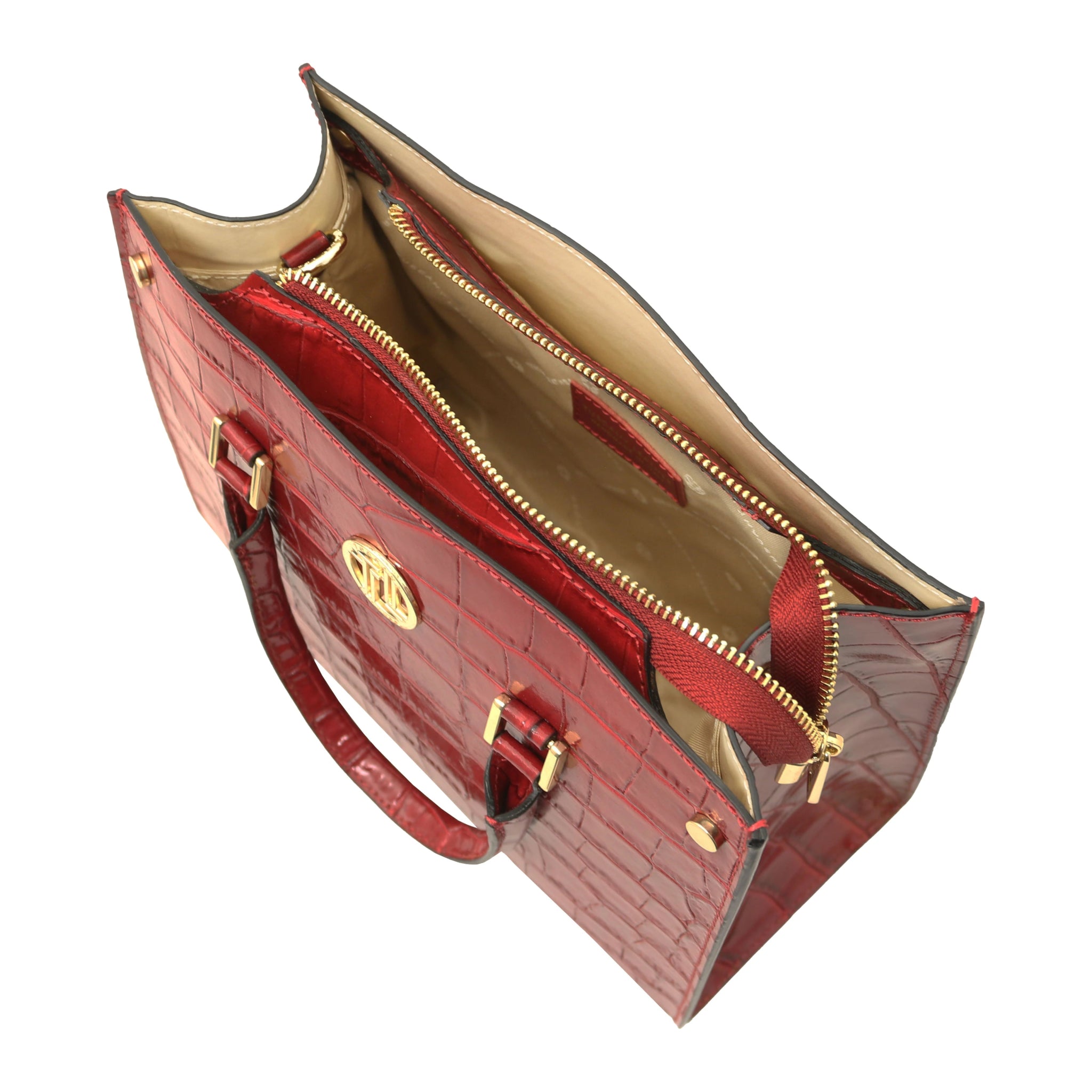 Interior view Croque Croc Print Italian Leather Handbag in red beige lining