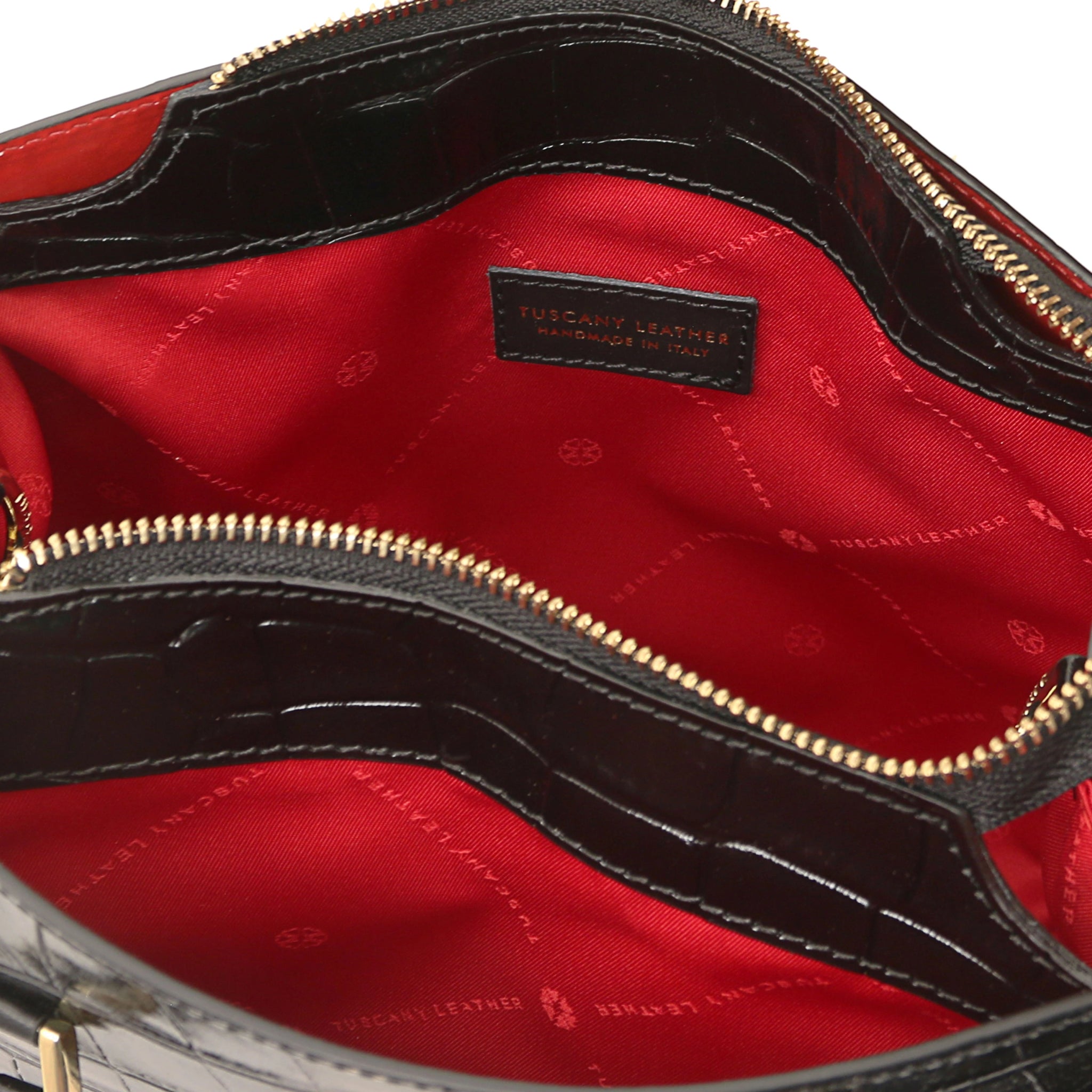 Interior pocket view Croque Croc Print Italian Leather Handbag in black red lining