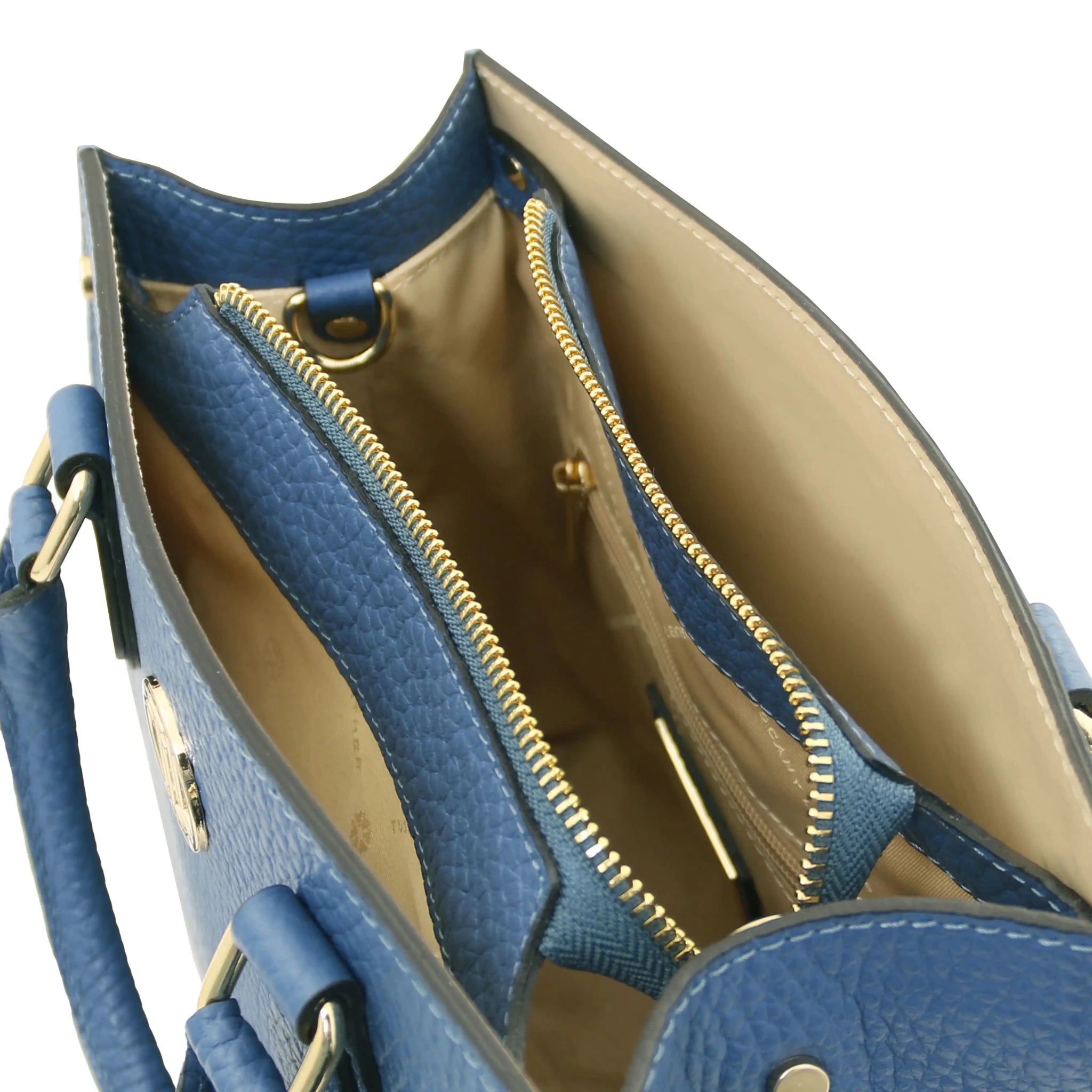 Interior three compartment view beige interior Croque Italian Pebbled Leather Handbag in denim