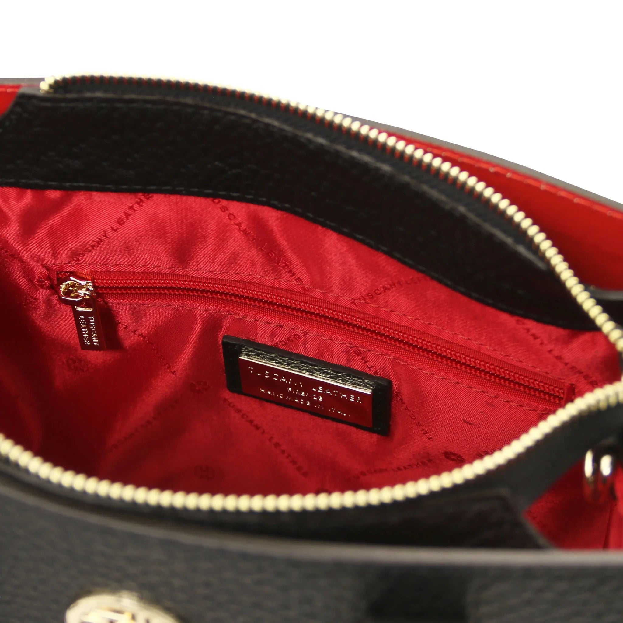 Interior zip pocket red lining view Croque Italian Pebbled Leather Handbag in black