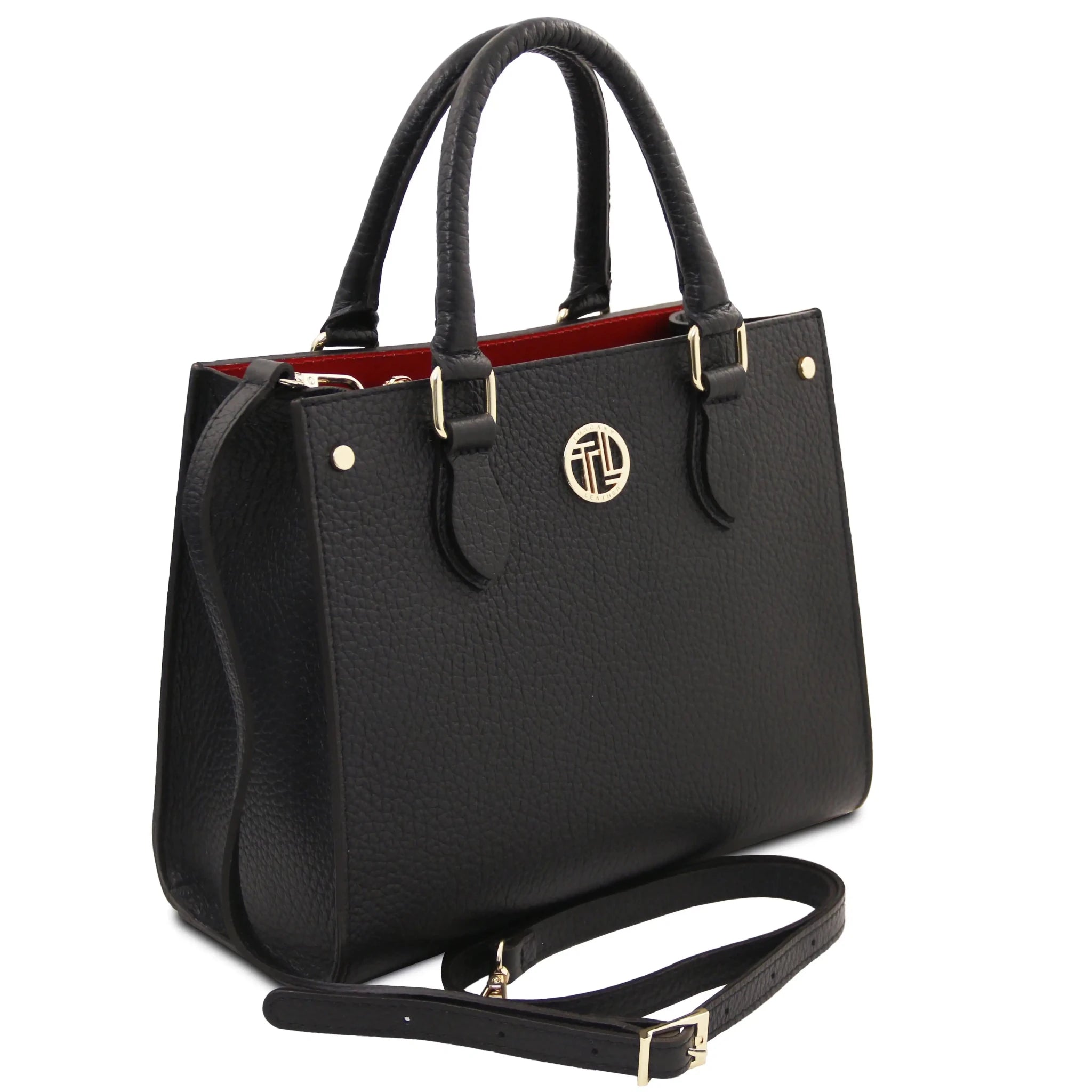 Front angled view Croque Italian Pebbled Leather Handbag in black with shoulder strap