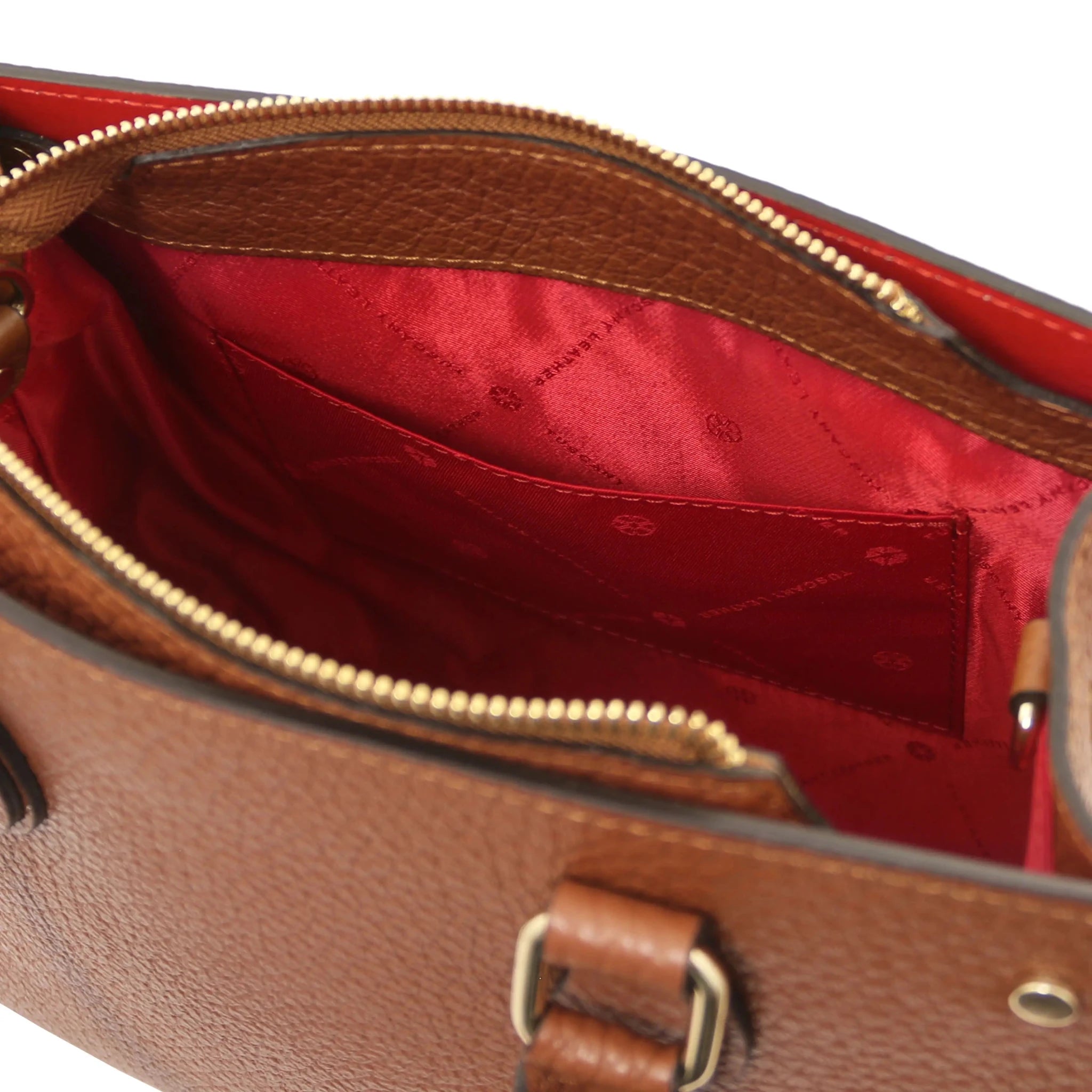 Interior open pocket red lining view Croque Italian Pebbled Leather Handbag in cognac