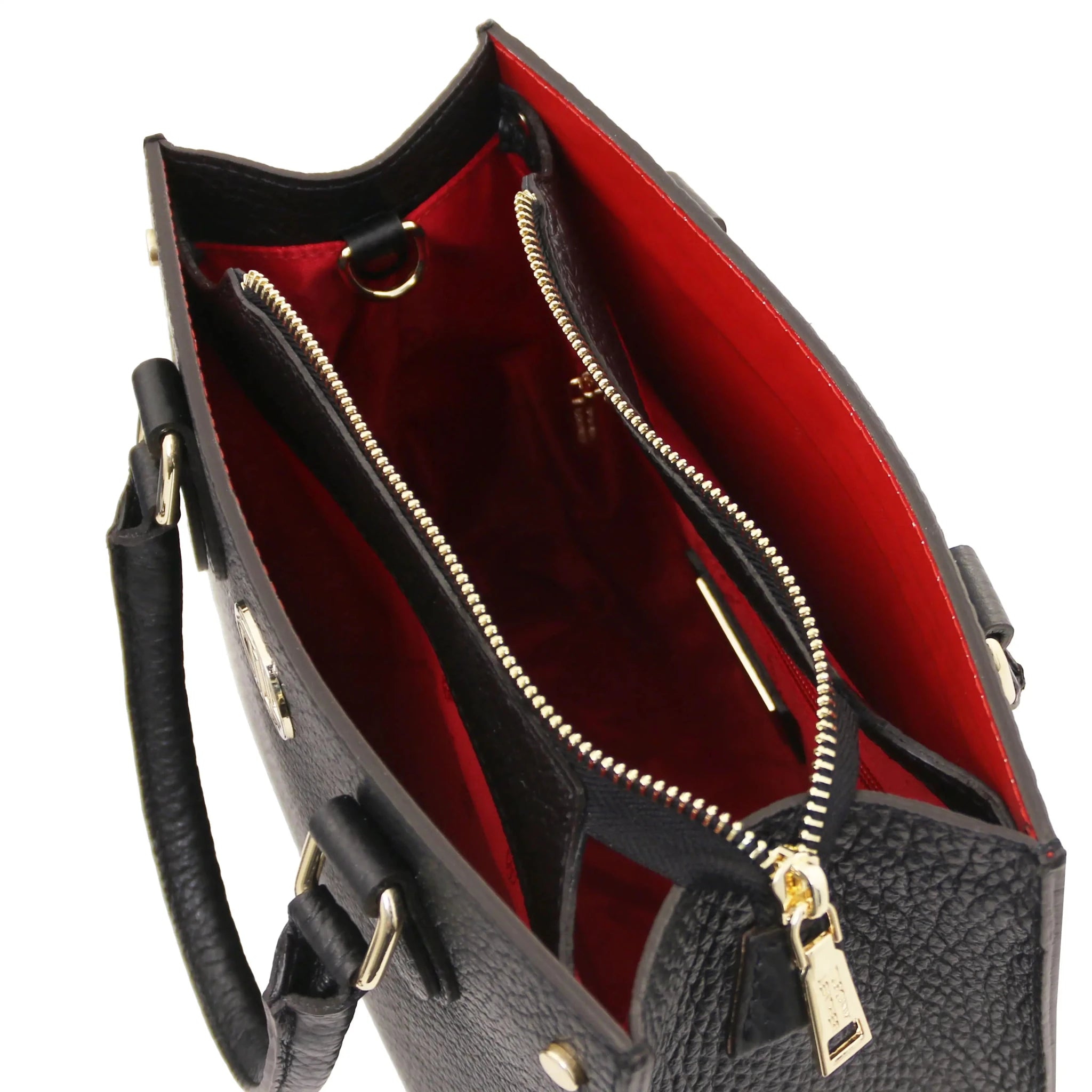 Interior three compartment red lining view Croque Italian Pebbled Leather Handbag in black